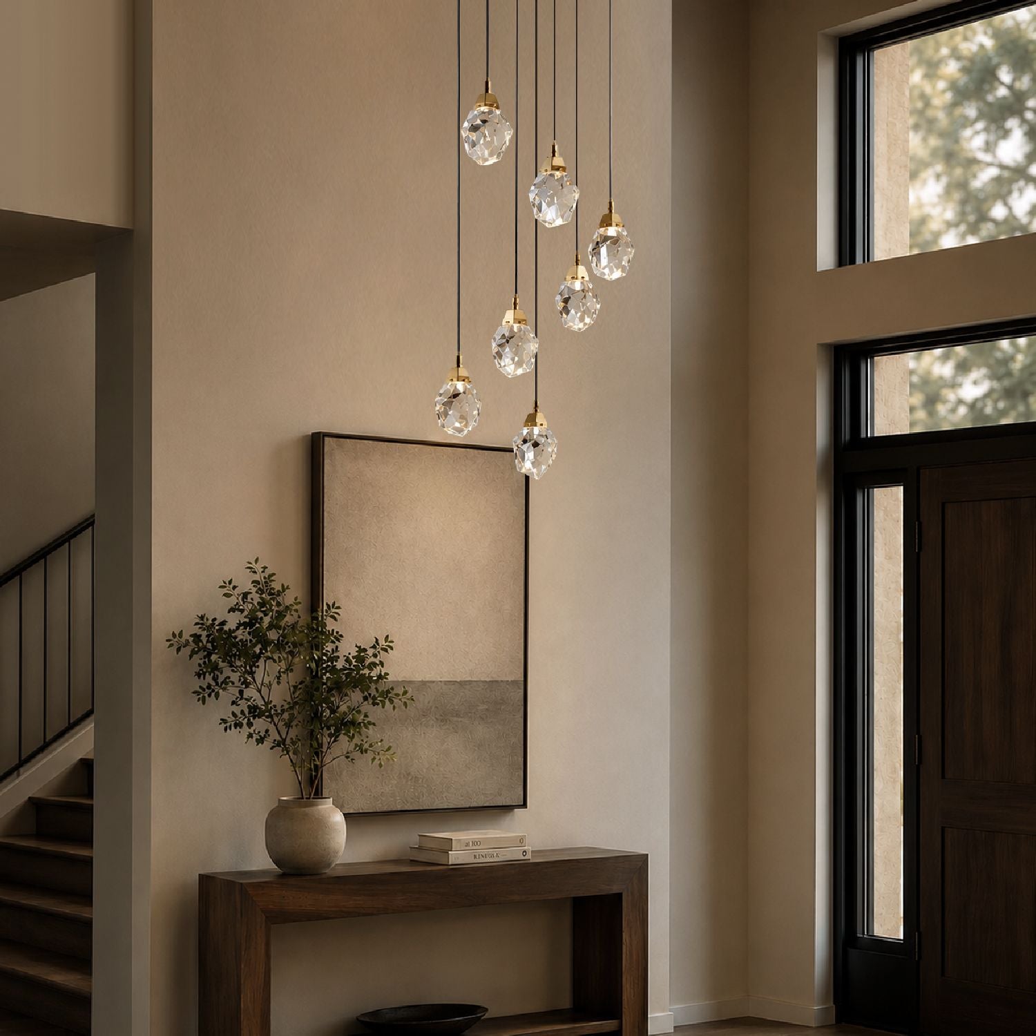 Nirvana Chandelier in a minimalist foyer — arched entryway, dried branch centerpiece, neutral tones, and soft ambient lighting creating serene sophistication | Sofary Lighting