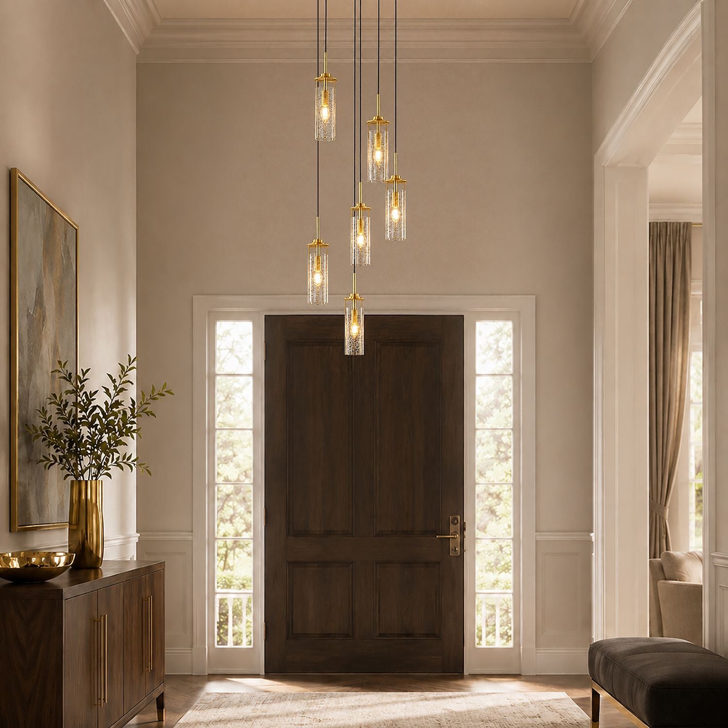 Novera Chandelier in elegant foyer — arched top, dark wood door, oval mirror, polished wood floor — creates a grand welcoming focal point | Sofary Lighting
