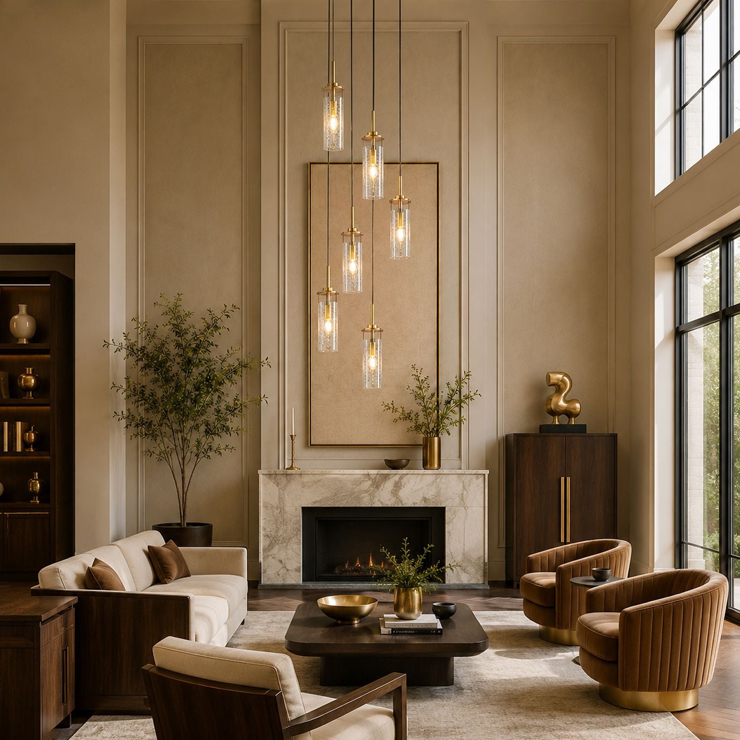 Novera Chandelier above living room seating area — marble fireplace, abstract art, neutral tones — adds warmth and modern elegance to cozy gatherings | Sofary Lighting