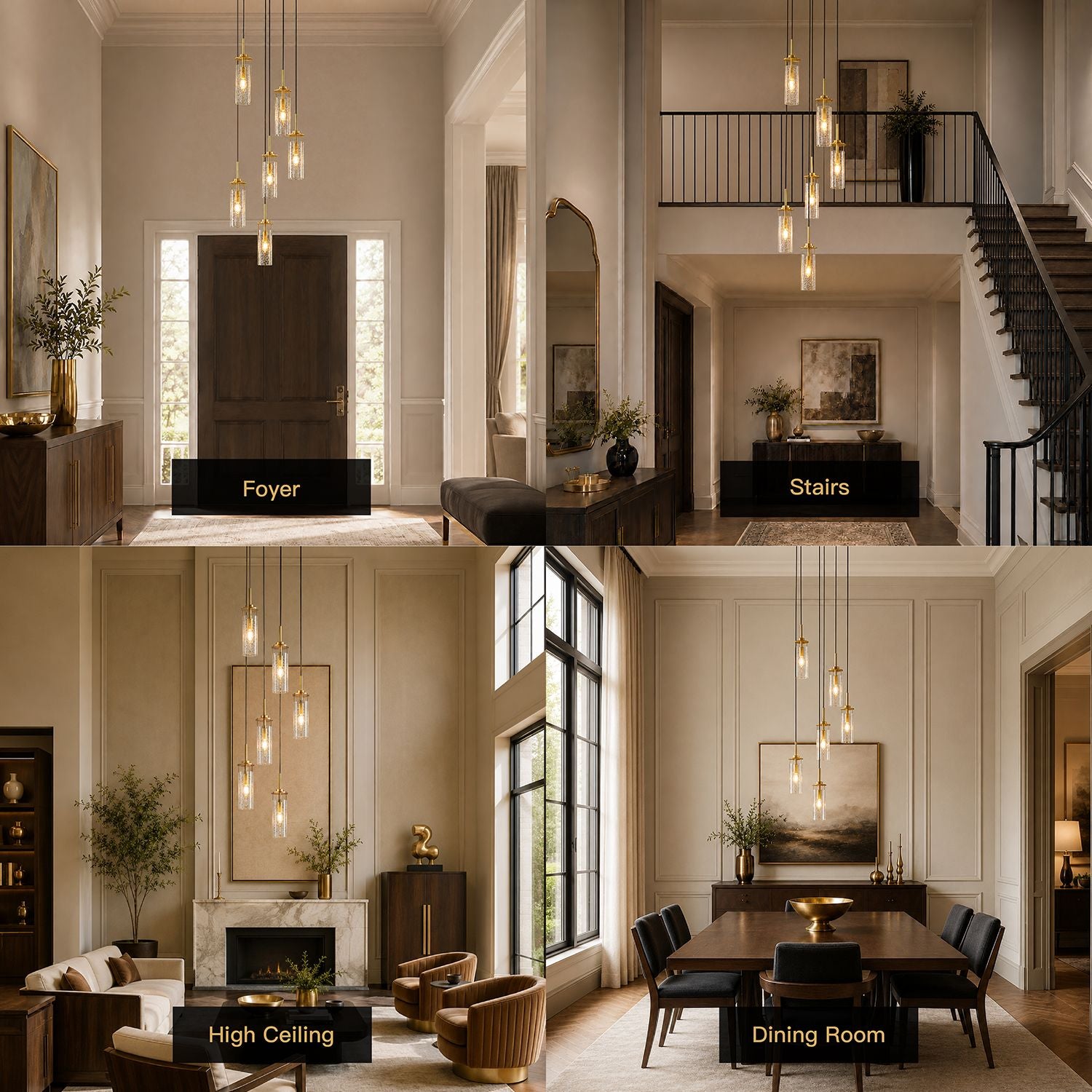 Novera Chandelier in multiple real-life settings — foyer, staircase, living room, dining room — versatile design adapts to any high-end modern home | Sofary Lighting