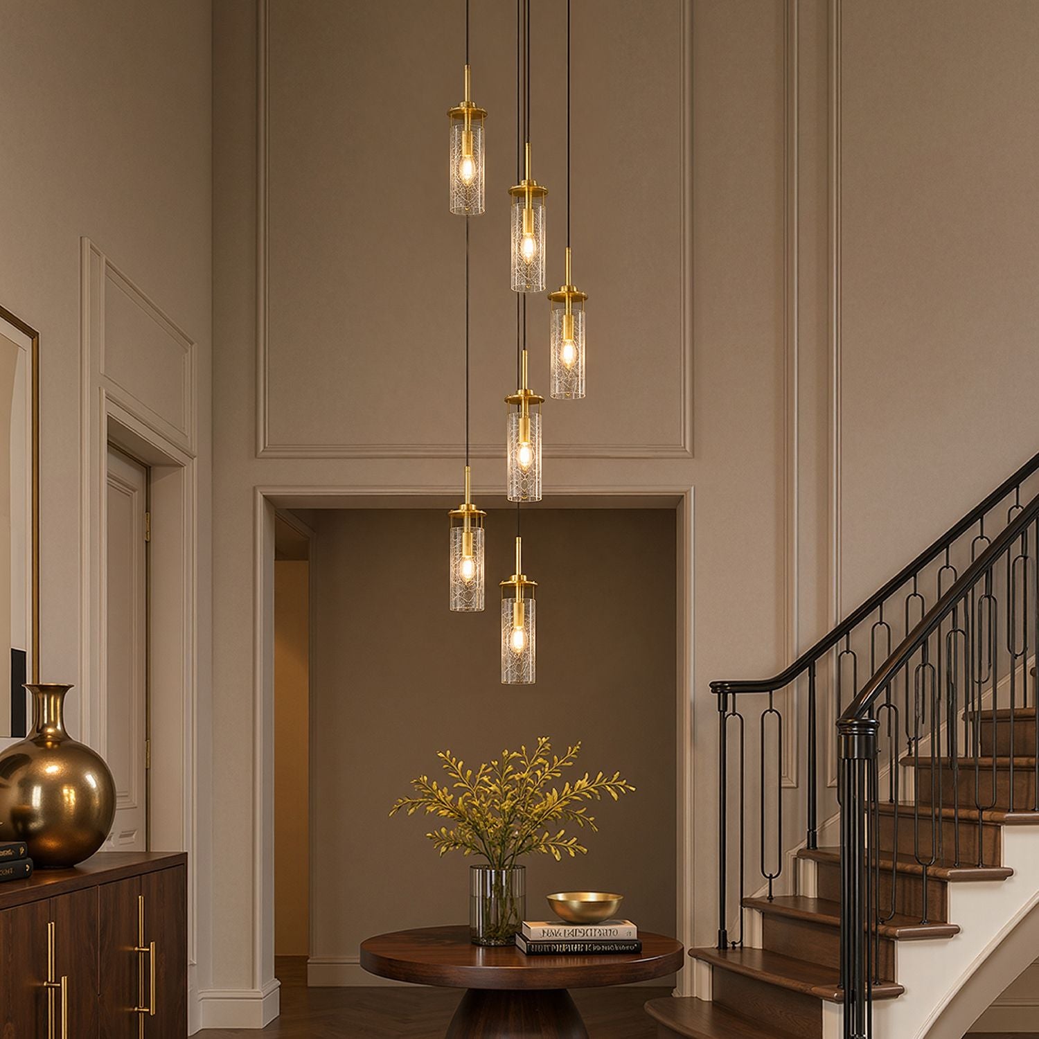 Novera 6-Light Radial Globe Chandelier — elegant cascading glass globes with brass fixtures, warm ambient glow, perfect centerpiece for modern luxury interiors | Sofary Lighting