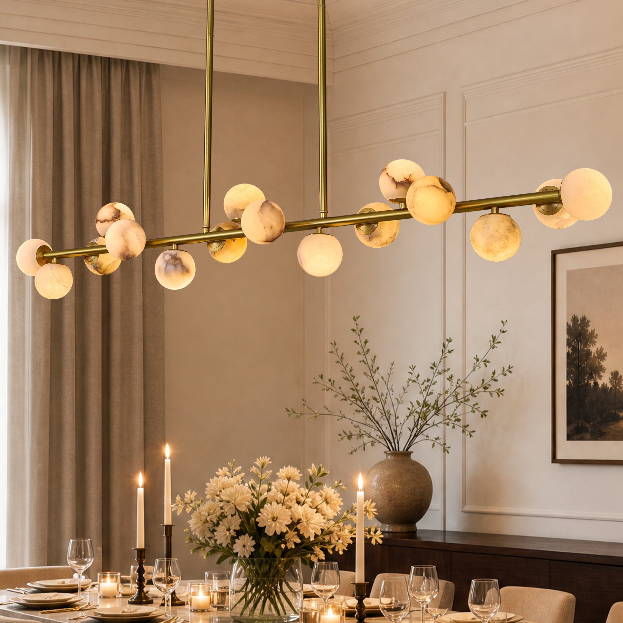 orbelia modern luxury gold alabaster globe linear chandelier dining room close up