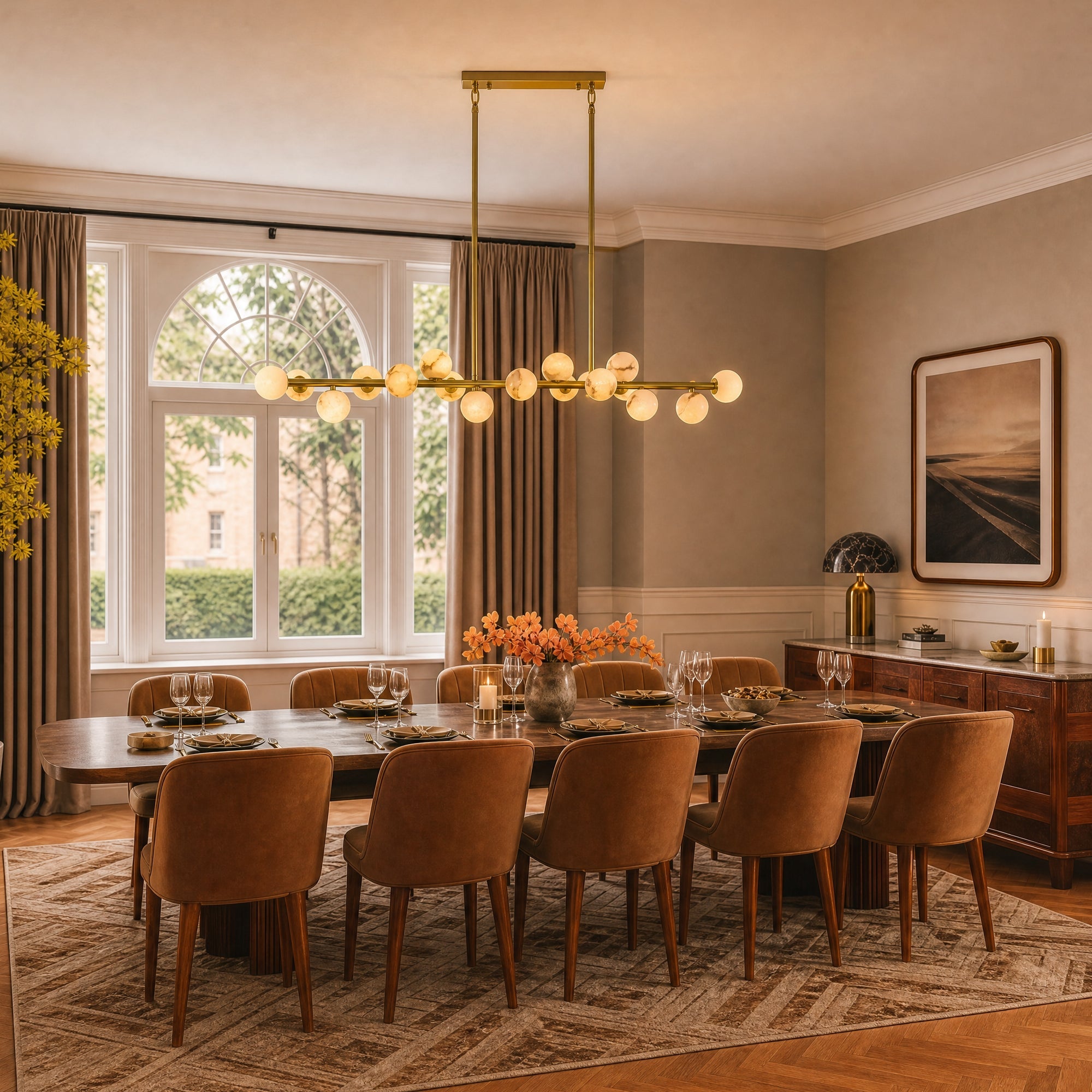 orbelia modern luxury gold alabaster globe linear chandelier formal dining room scene