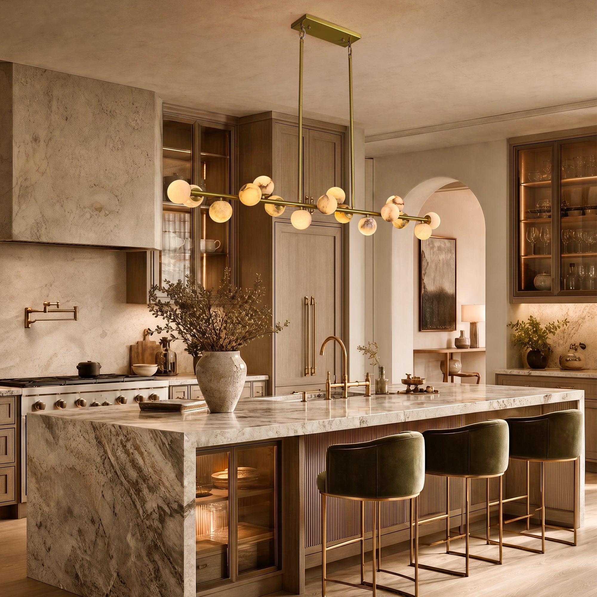 orbelia modern luxury gold alabaster globe linear chandelier kitchen island scene