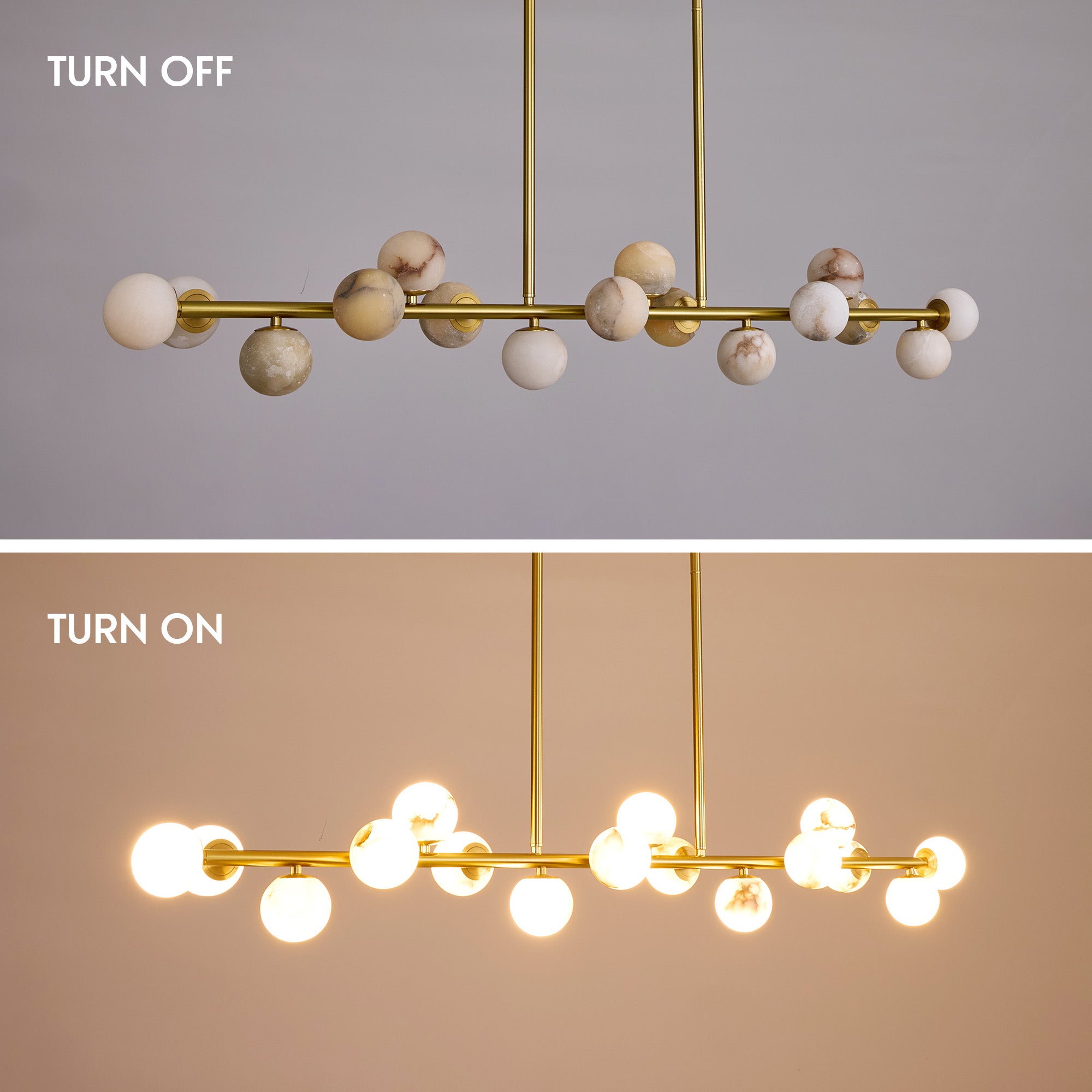 orbelia modern luxury gold alabaster globe linear chandelier light on off comparison