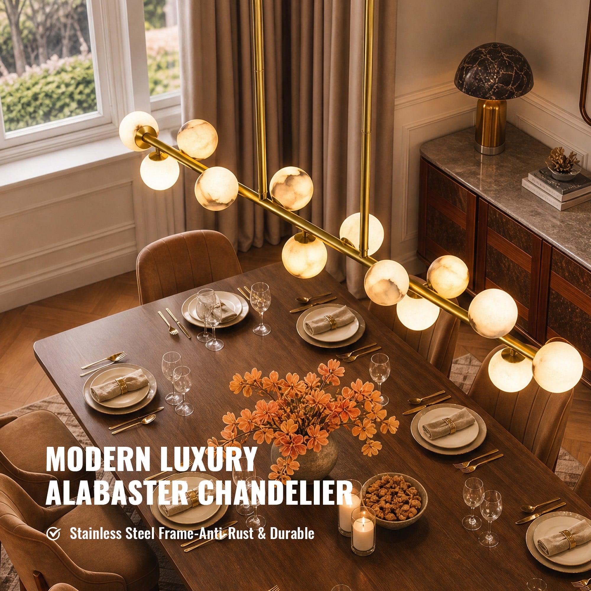 orbelia modern luxury gold alabaster globe linear chandelier modern luxury material features