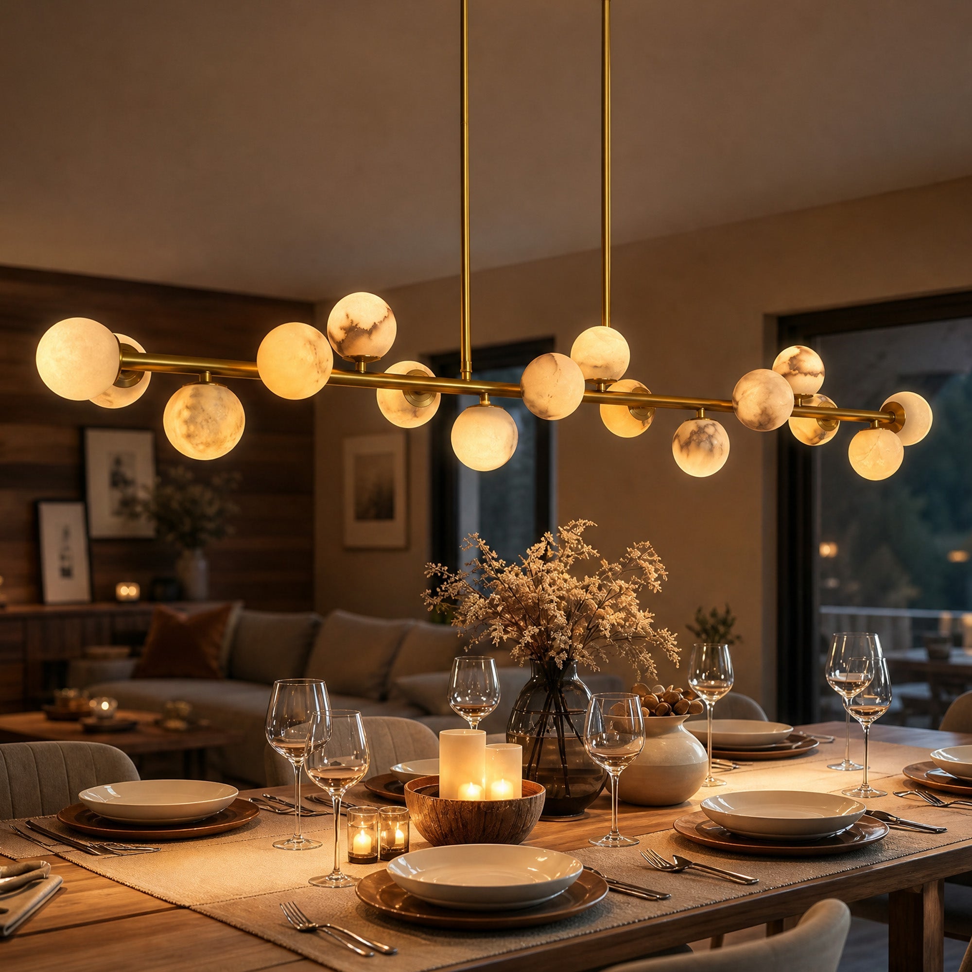orbelia modern luxury gold alabaster globe linear chandelier warm dining room table scene