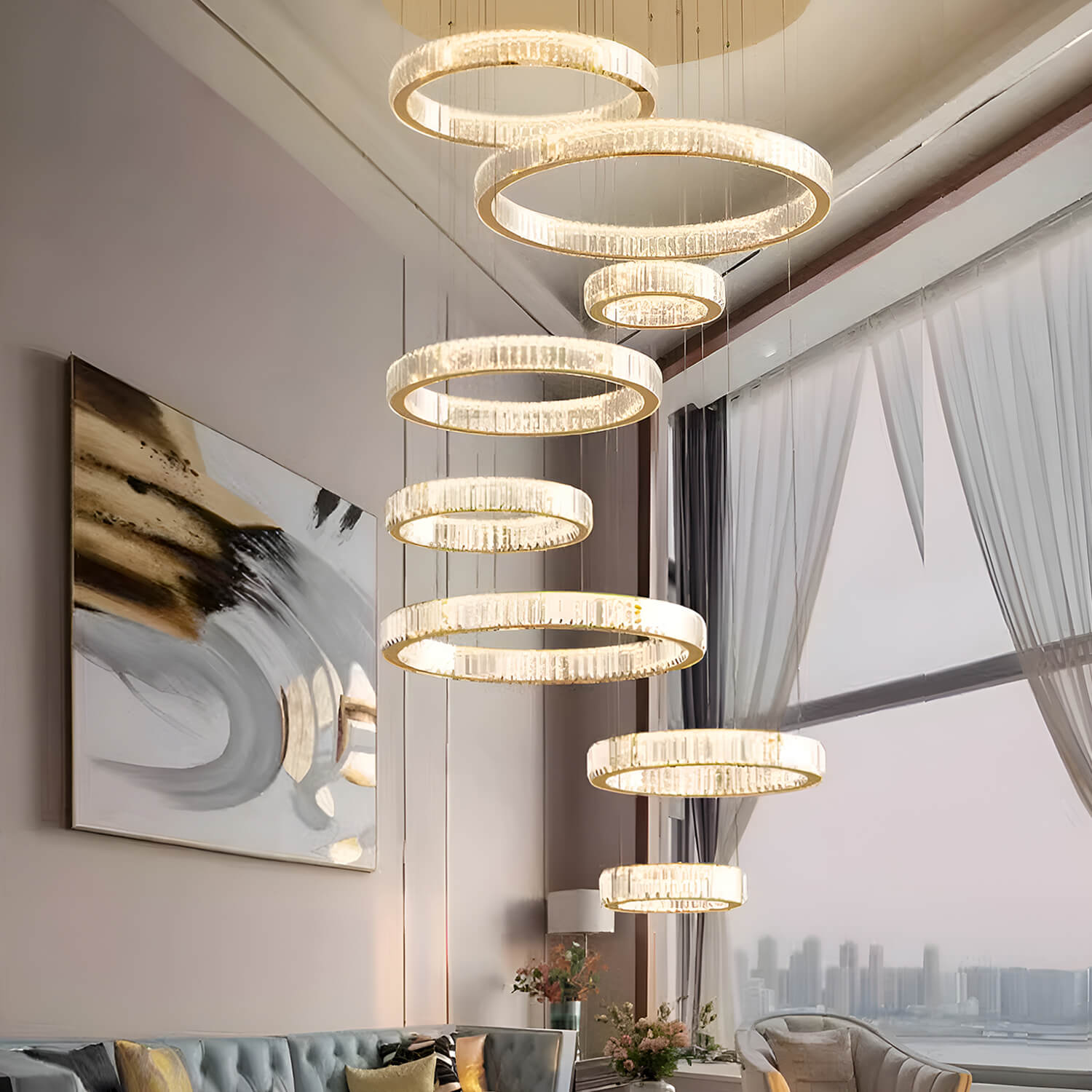 Oversized Multi-Tiered Rings Crystal Chandelier-entryway-3|Sofary