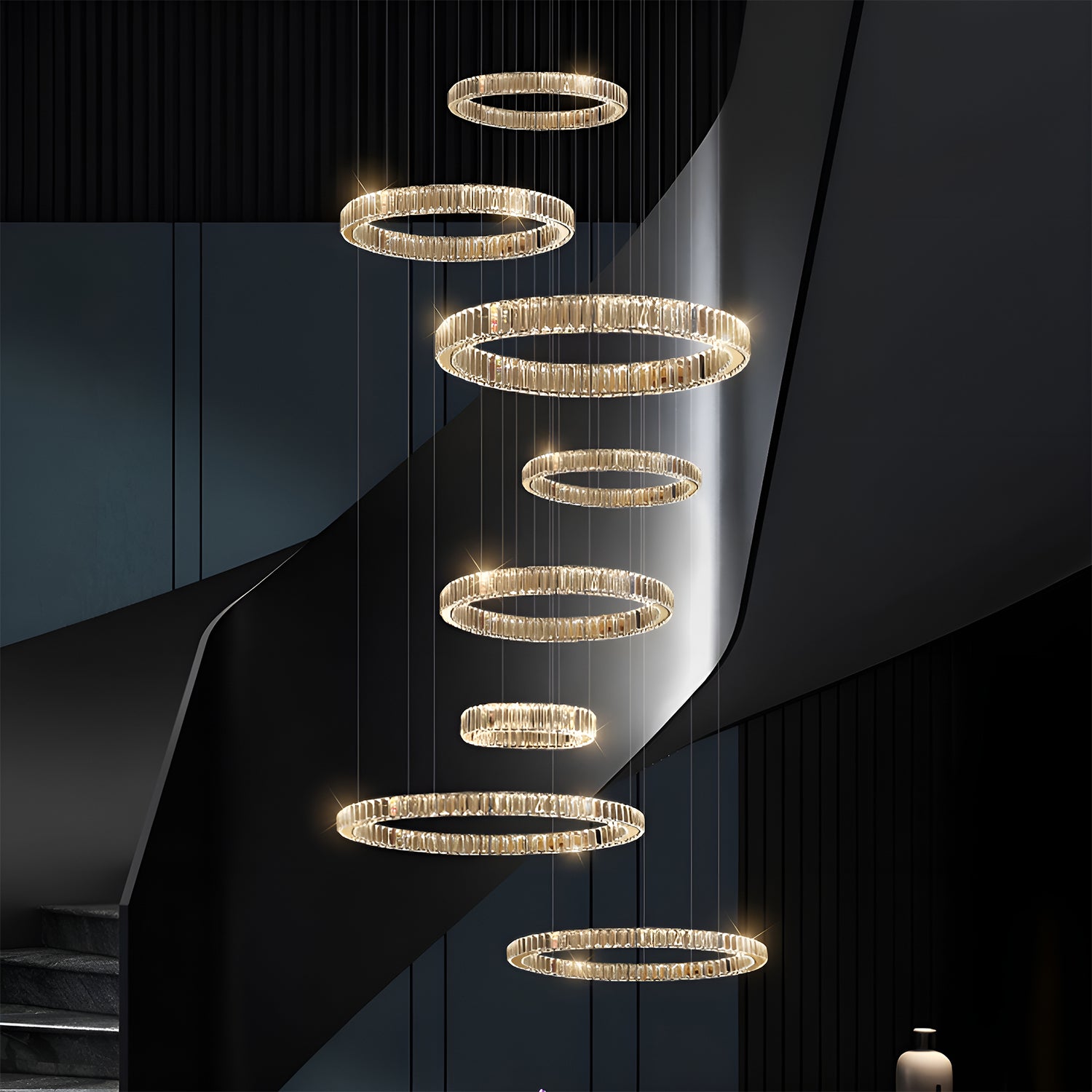 Oversized Multi-Tiered Rings Crystal Chandelier-staircase-1|Sofary