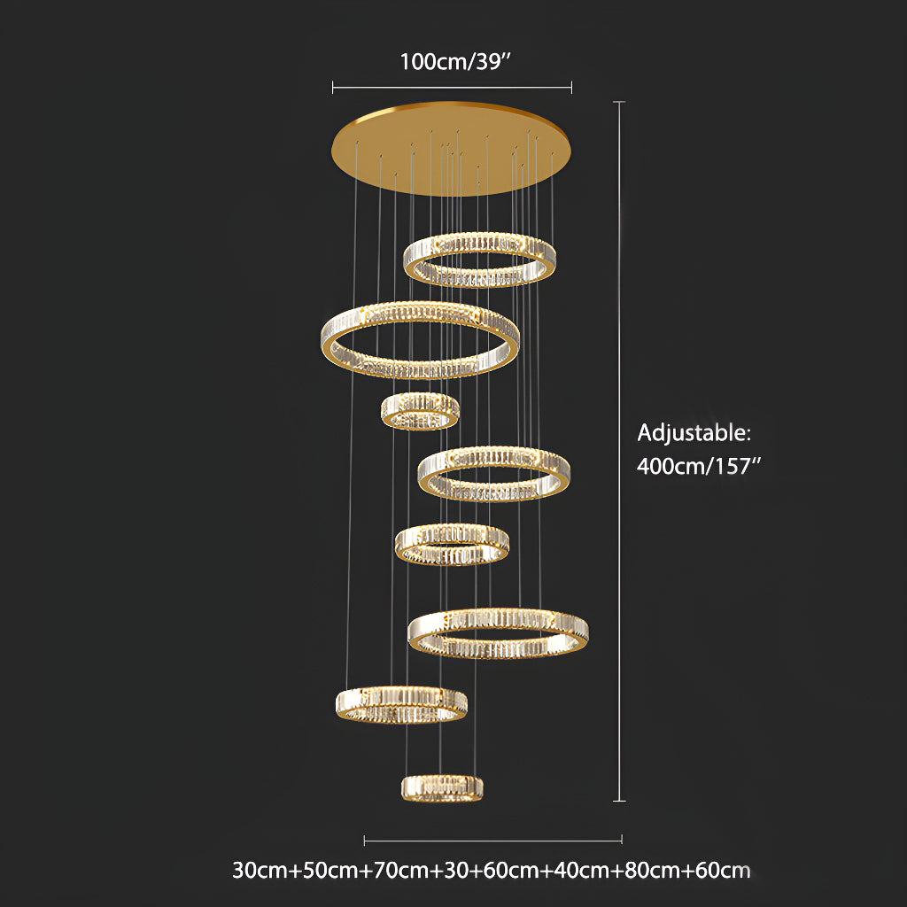 dimensions diagram of elite 8 tiered modern luxury gold k9 crystal oversized round spiral chandelier | Sofary Lighting
