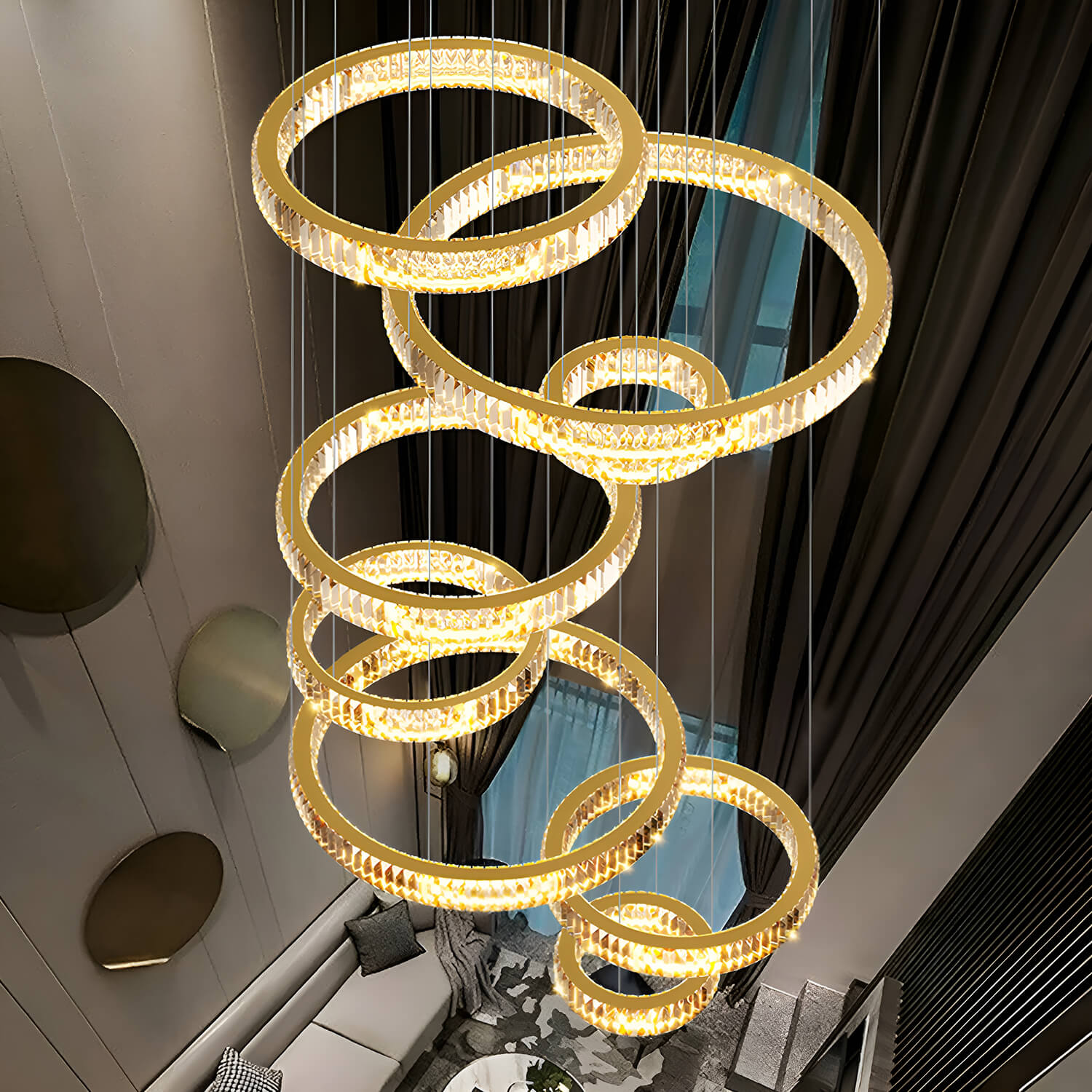 oversized round gold k9 crystal chandelier showing tiered spiral ring design from top view | Sofary Lighting
