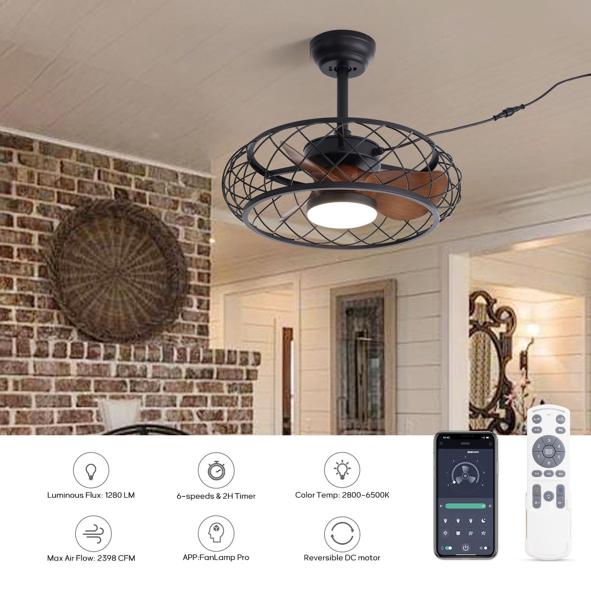 Outdoor smart ceiling fan features — 1280LM, 6 speeds, 2H timer, 2800-6500K color temp, 2396 CFM max airflow, app (FanLamp Pro) control, reversible DC motor, brick wall background | Sofary Lighting