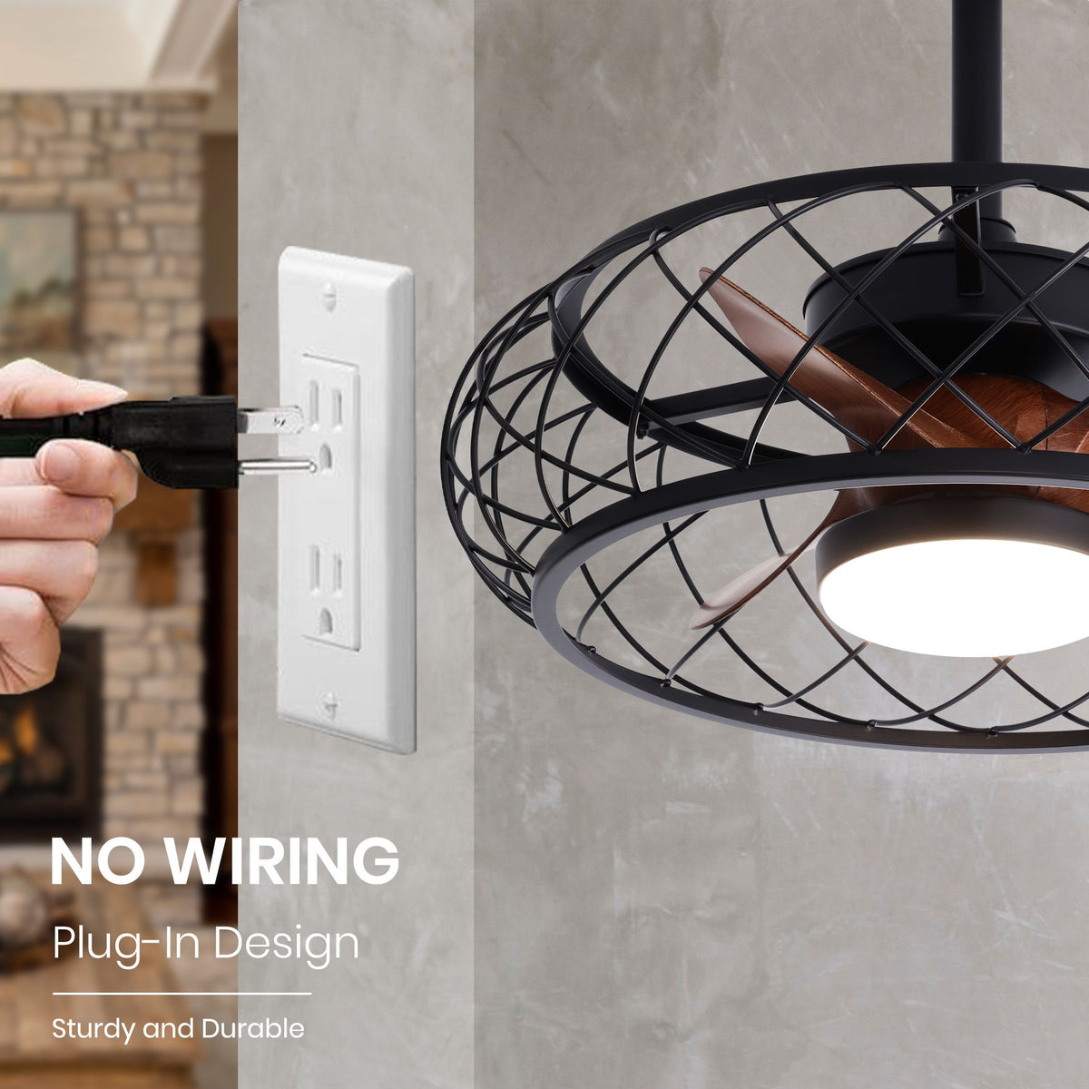 No wiring plug-in ceiling fan — easy plug into wall outlet, sturdy durable design, black caged outdoor fan, convenient installation | Sofary Lighting