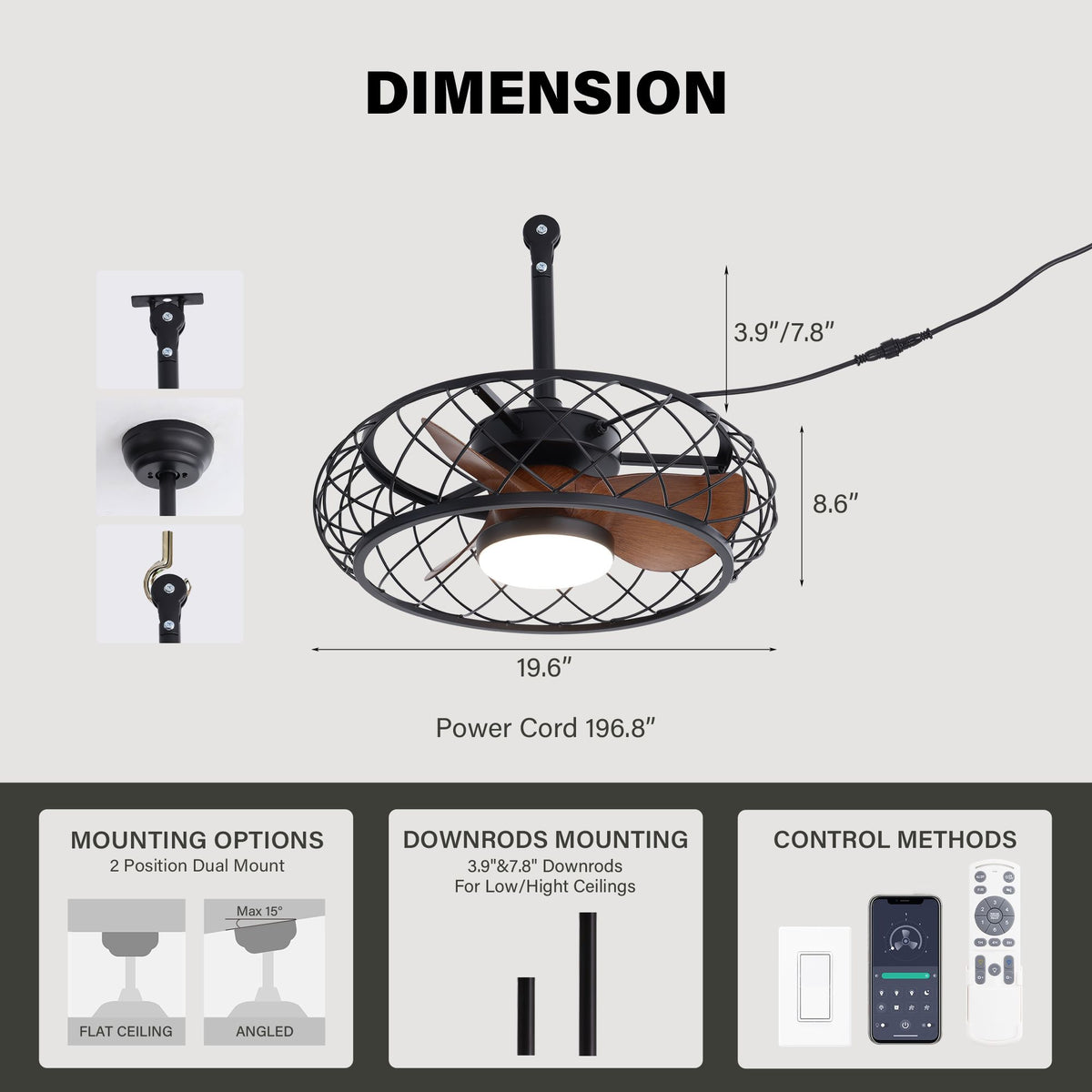 19.6" outdoor plug-in ceiling fan dimension — width 19.6", height 8.6", downrods 3.9"/7.8", power cord 196.8". Dual mount for flat/angled (max 15°) ceilings, remote & app control, waterproof patio fan size chart | Sofary Lighting