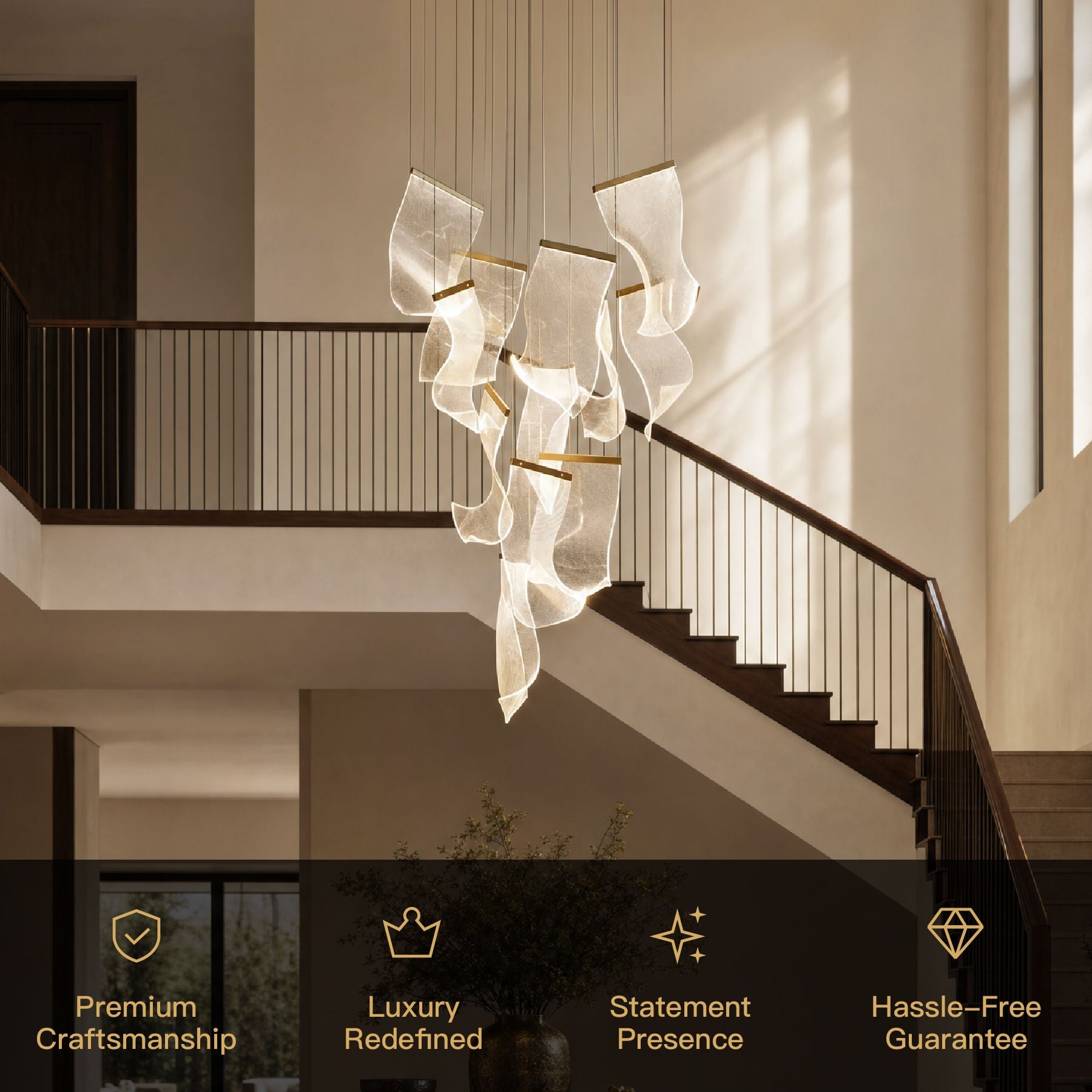 Raindrop Modern Luxury Cascading Water-Ripple Glass Chandelier key features: Premium Craftsmanship, Luxury Redefined, Statement Presence, Hassle-Free Guarantee — displayed over a staircase with dark wood railings and natural light streaming through windows | Sofary Lighting