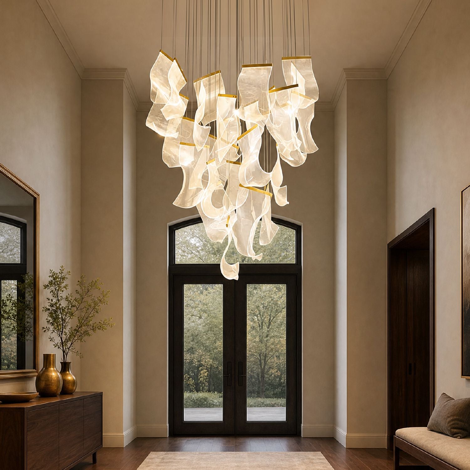 Raindrop Modern Luxury Cascading Water-Ripple Glass Chandelier in a sophisticated foyer — hanging above double front doors with brass fixtures, a large mirror, and potted greenery, against a beige wall with crown molding | Sofary Lighting