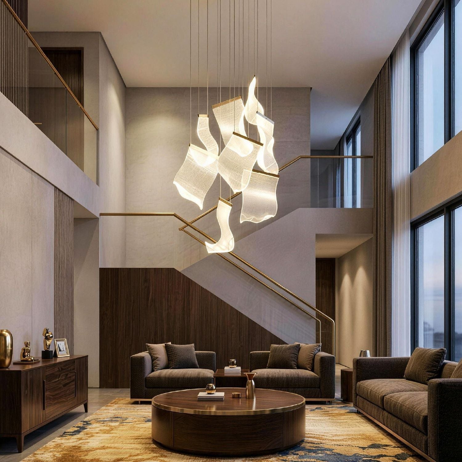 Raindrop Modern Luxury Cascading Water-Ripple Glass Chandelier in a high-ceilinged foyer — hanging in a spacious area with tall beige walls, a large arched window, and a dark wood console table with brass vases | Sofary Lighting