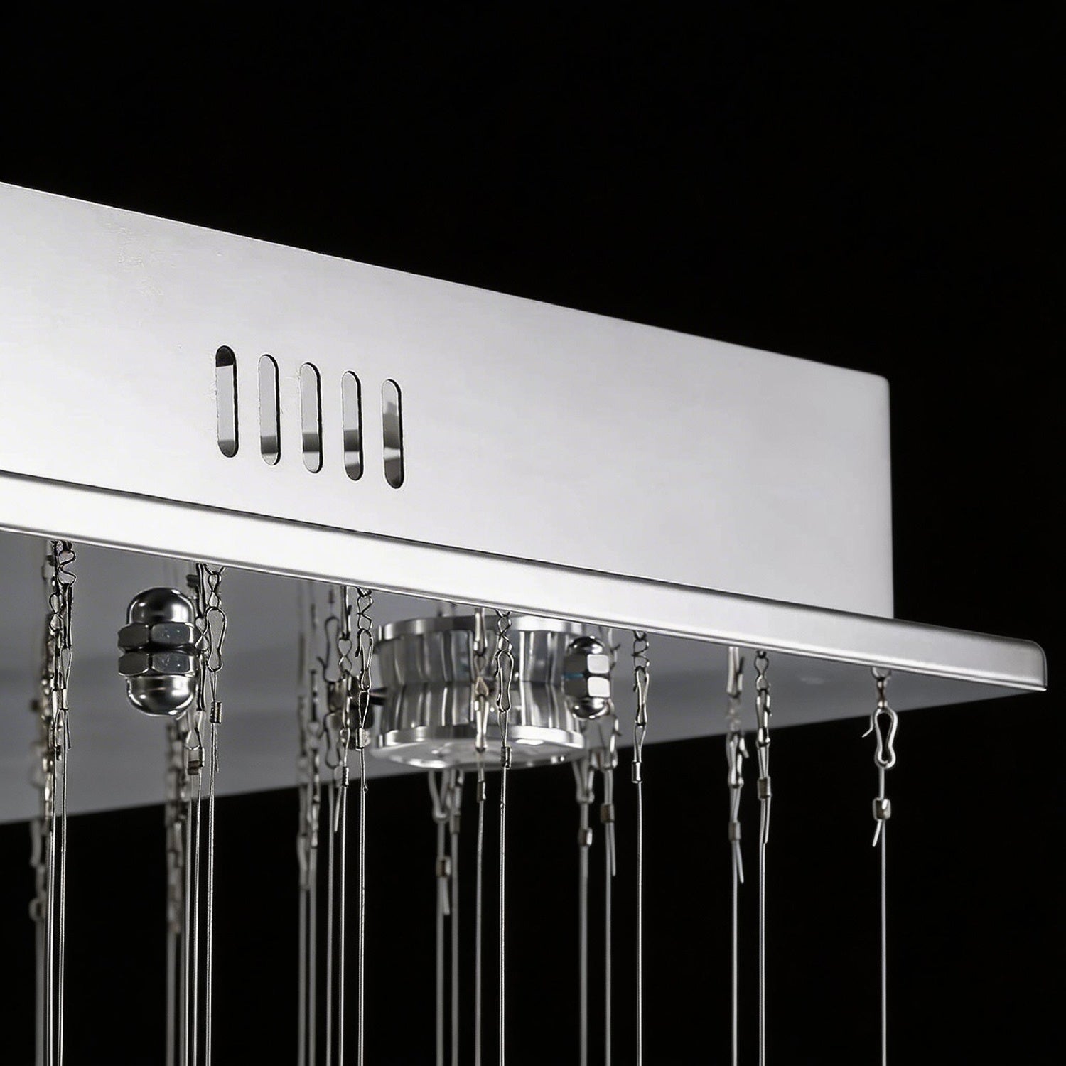 close up detail of rectangular chandelier metal ceiling plate and suspension wires | Sofary Lighting
