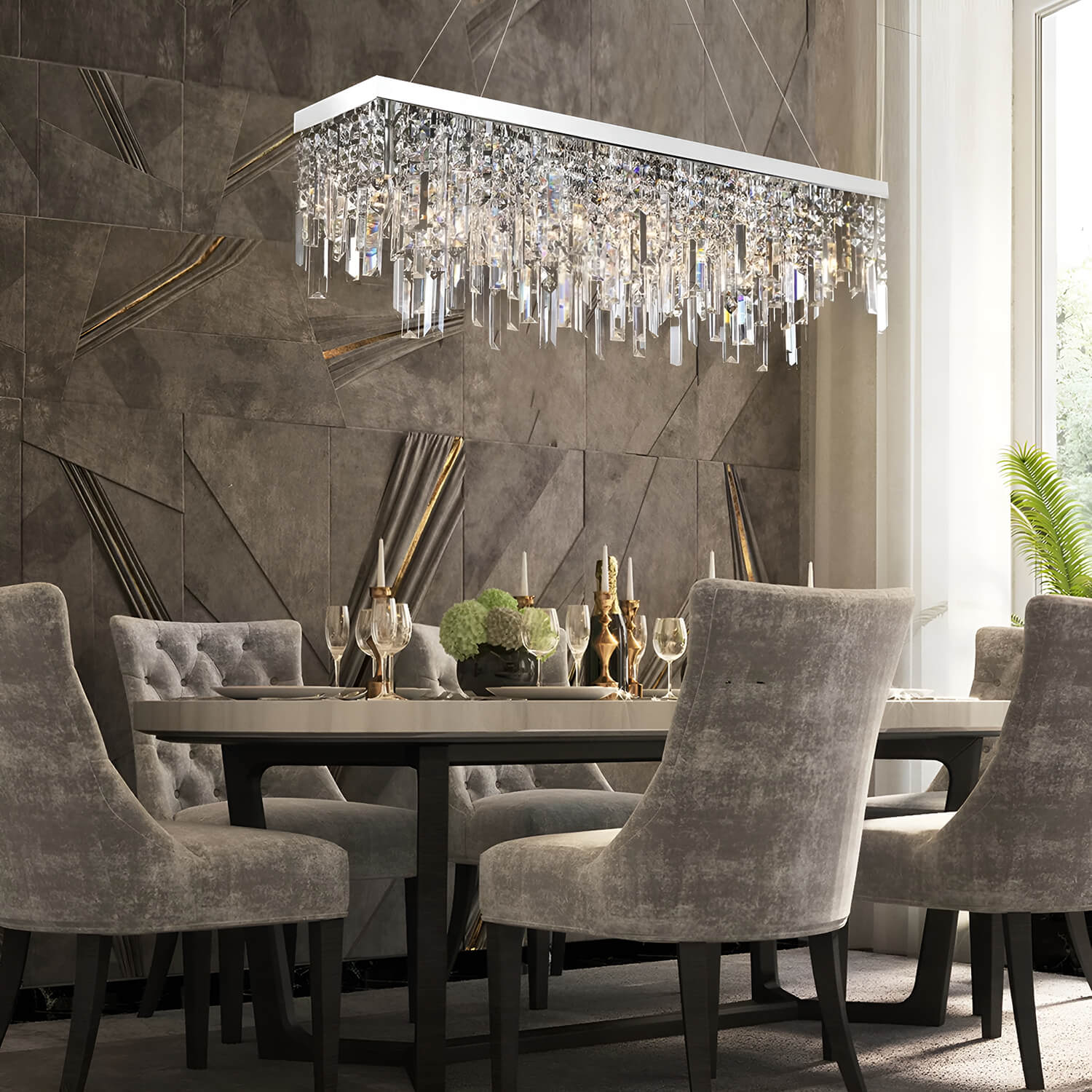 Rectangular Crystal Chandelier With Linear Design - Dining Room-1|Sofary