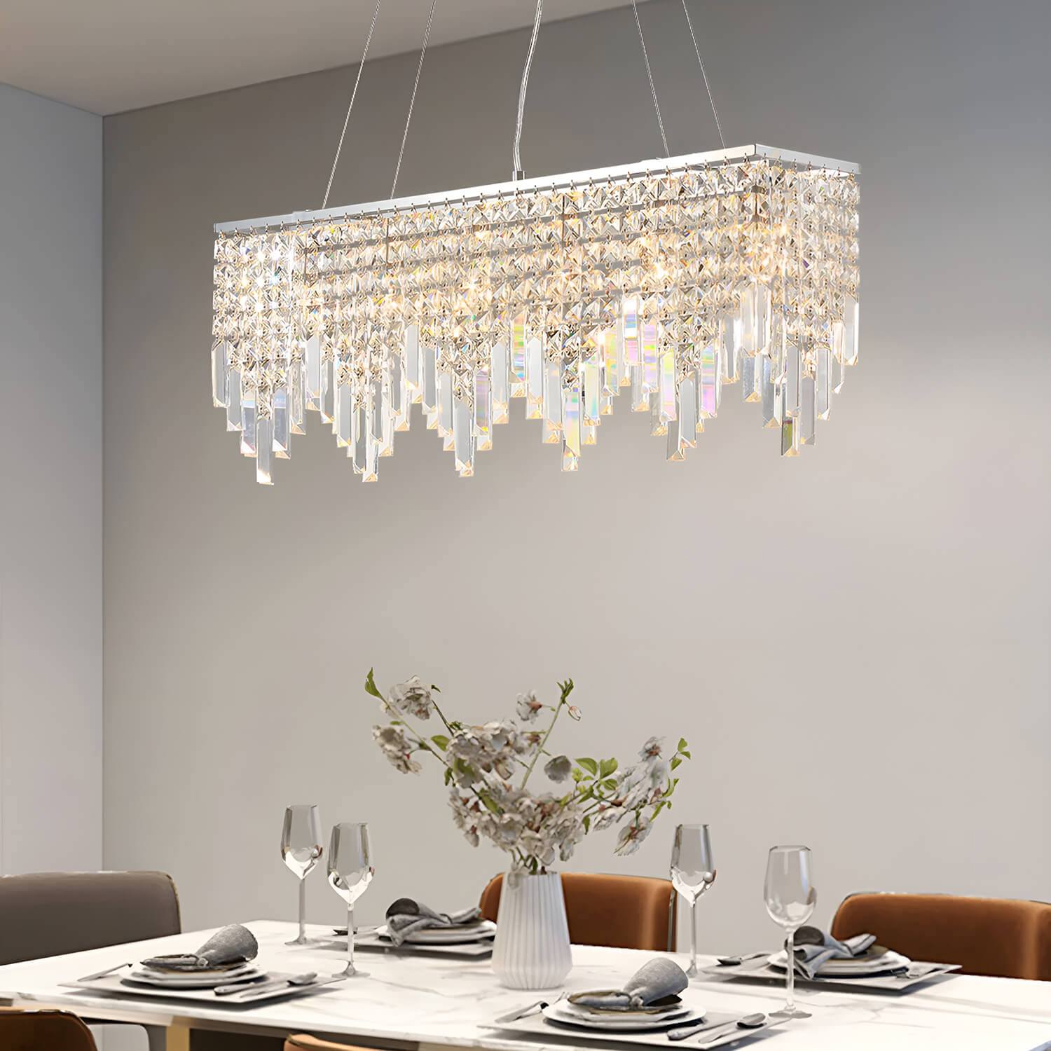 Rectangular Crystal Chandelier With Linear Design - Dining Room-3|Sofary