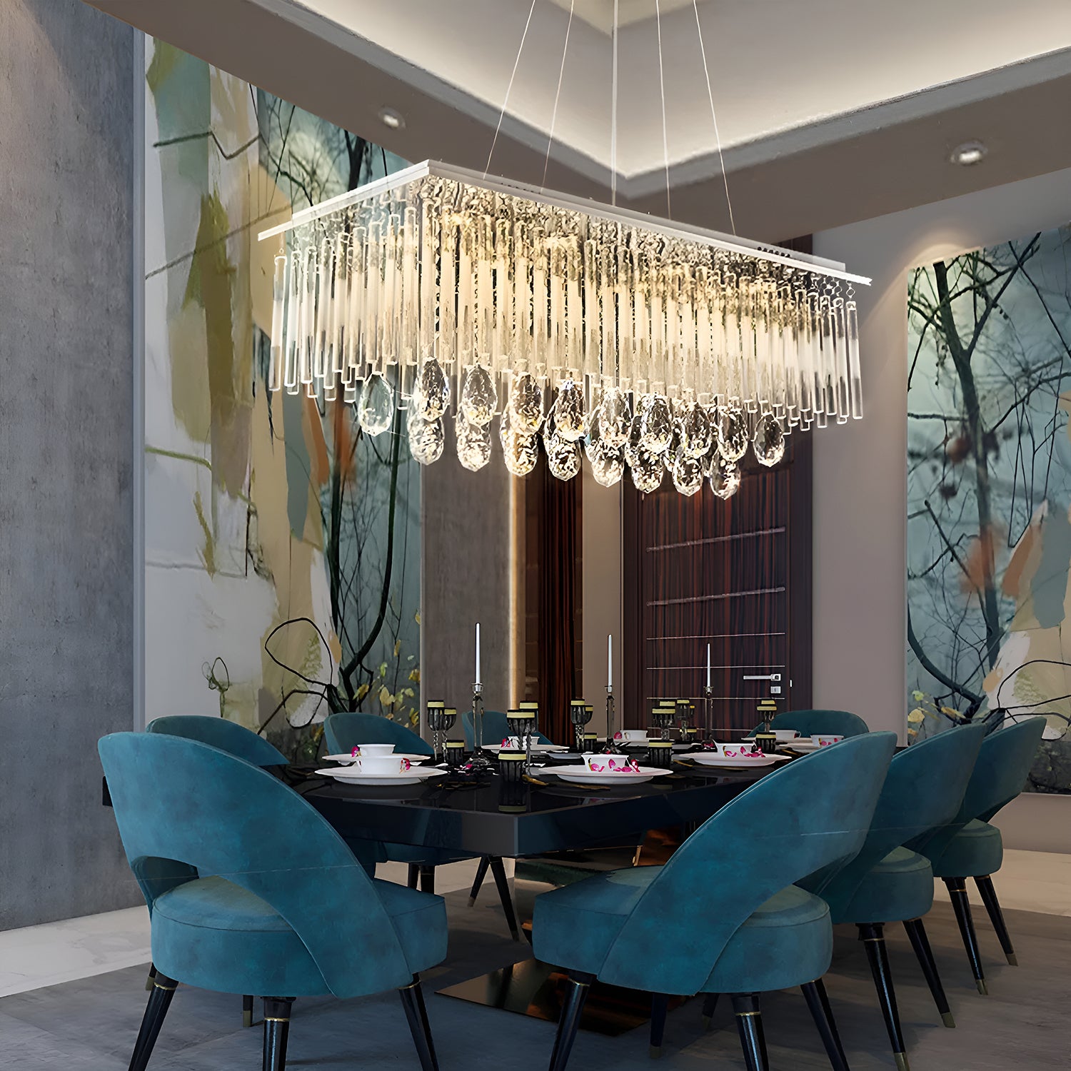 Rectangular Frosted Crystal Chandelier-dining-room-1|Sofary