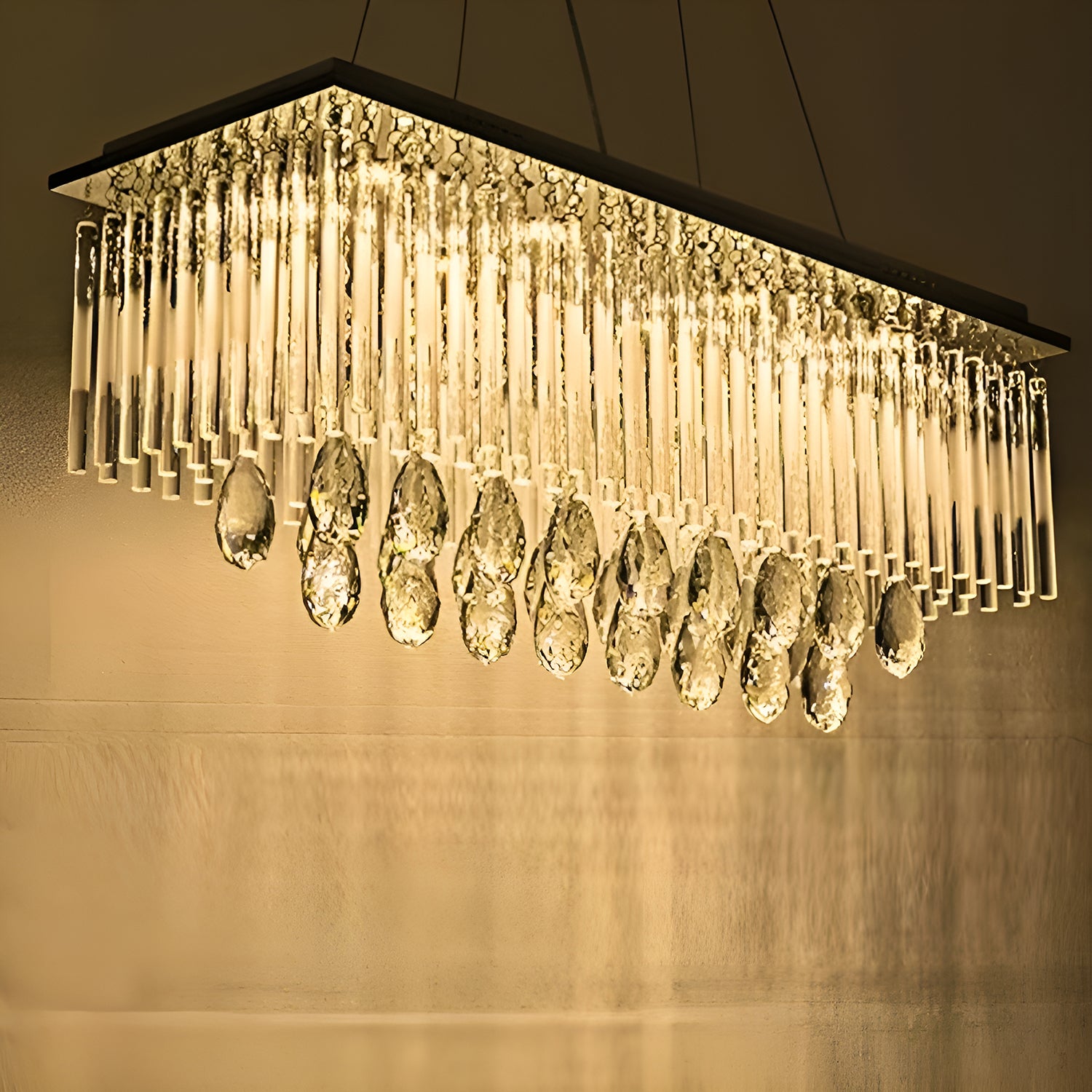 Rectangular Frosted Crystal Chandelier-light-on|Sofary