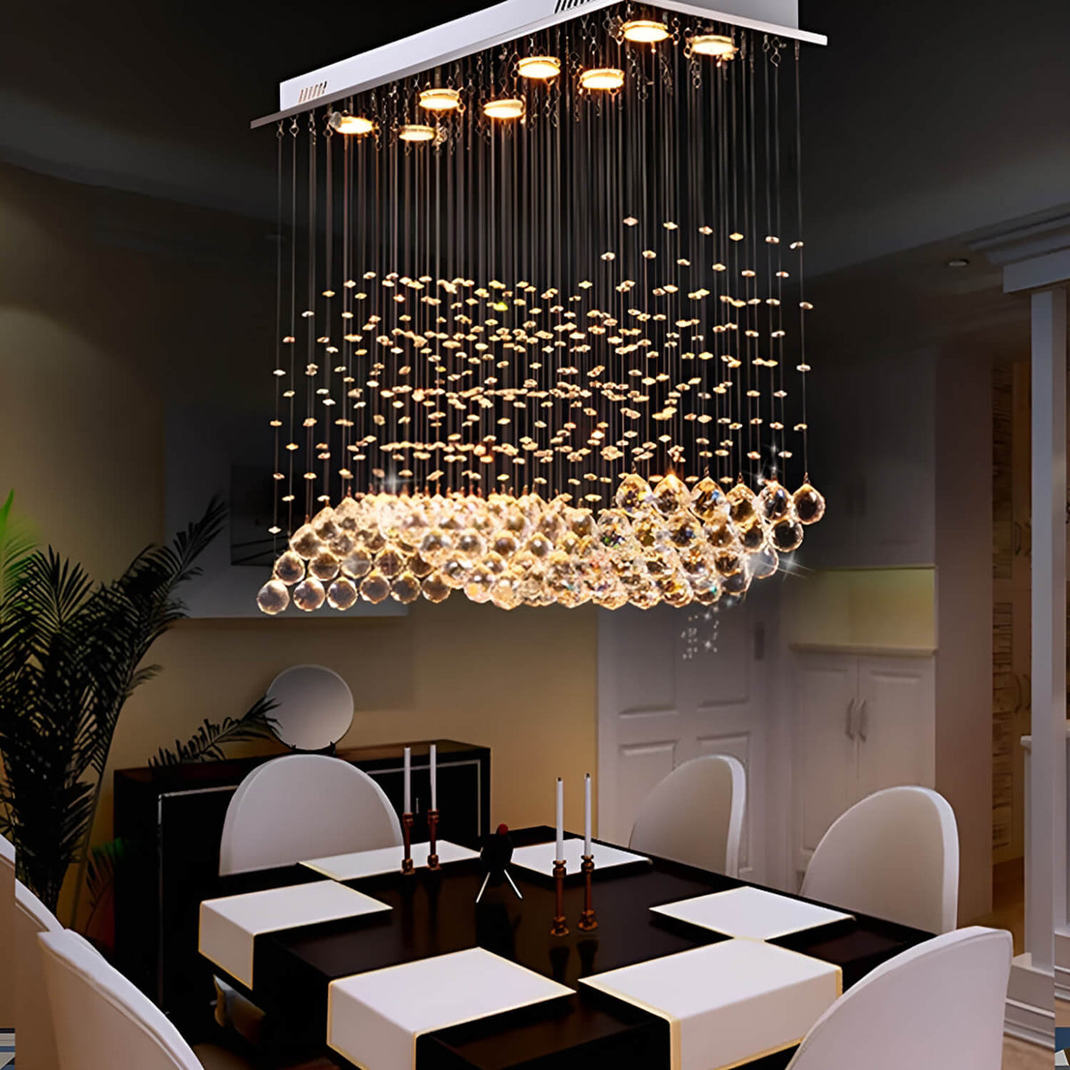 Modern Crystal Wave Chandeliers Raindrop Rectangle Ceiling Light for