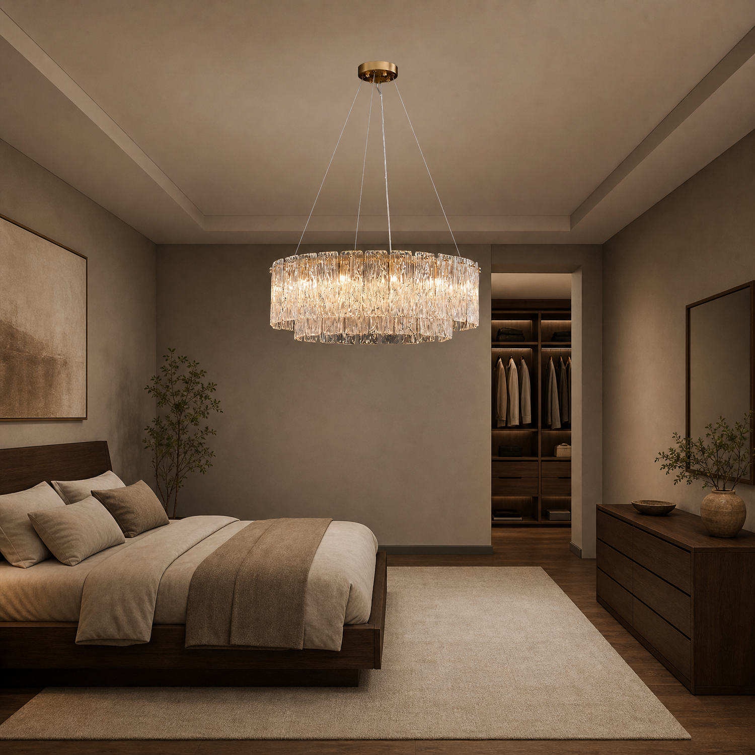 Rivellia Contemporary Gold Rippled Glass Ring Chandelier bedroom room