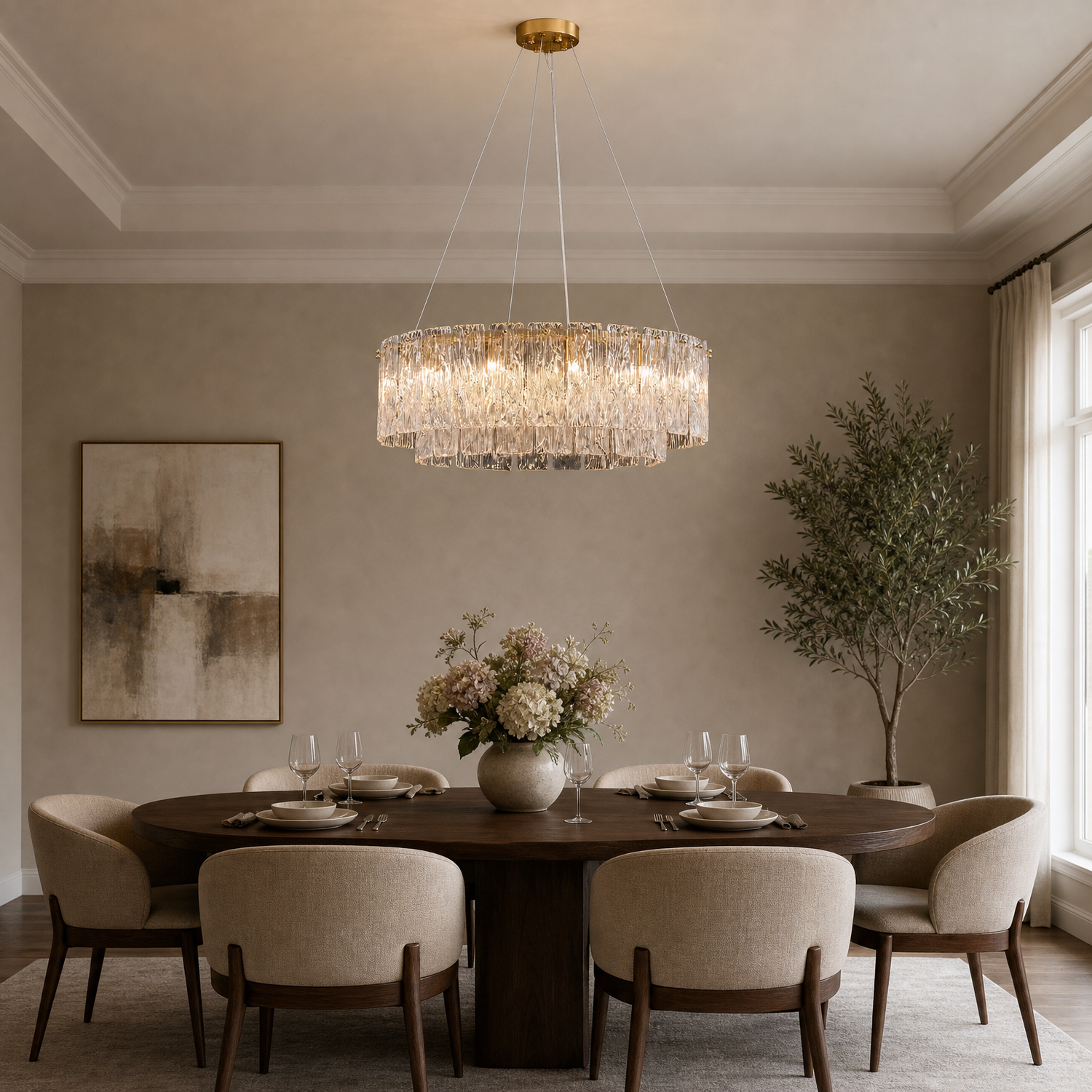 Rivellia Contemporary Gold Rippled Glass Ring Chandelier dining room