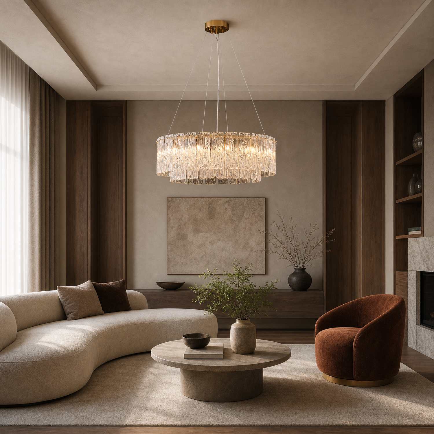 Rivellia Contemporary Gold Rippled Glass Ring Chandelier living room