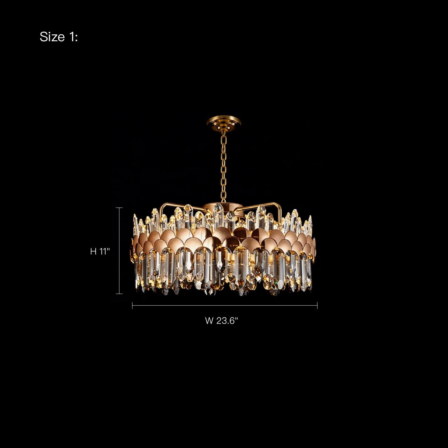 dimension diagram of gold round crystal chandelier showing 24 inch width and 11 inch height | Sofary Lighting