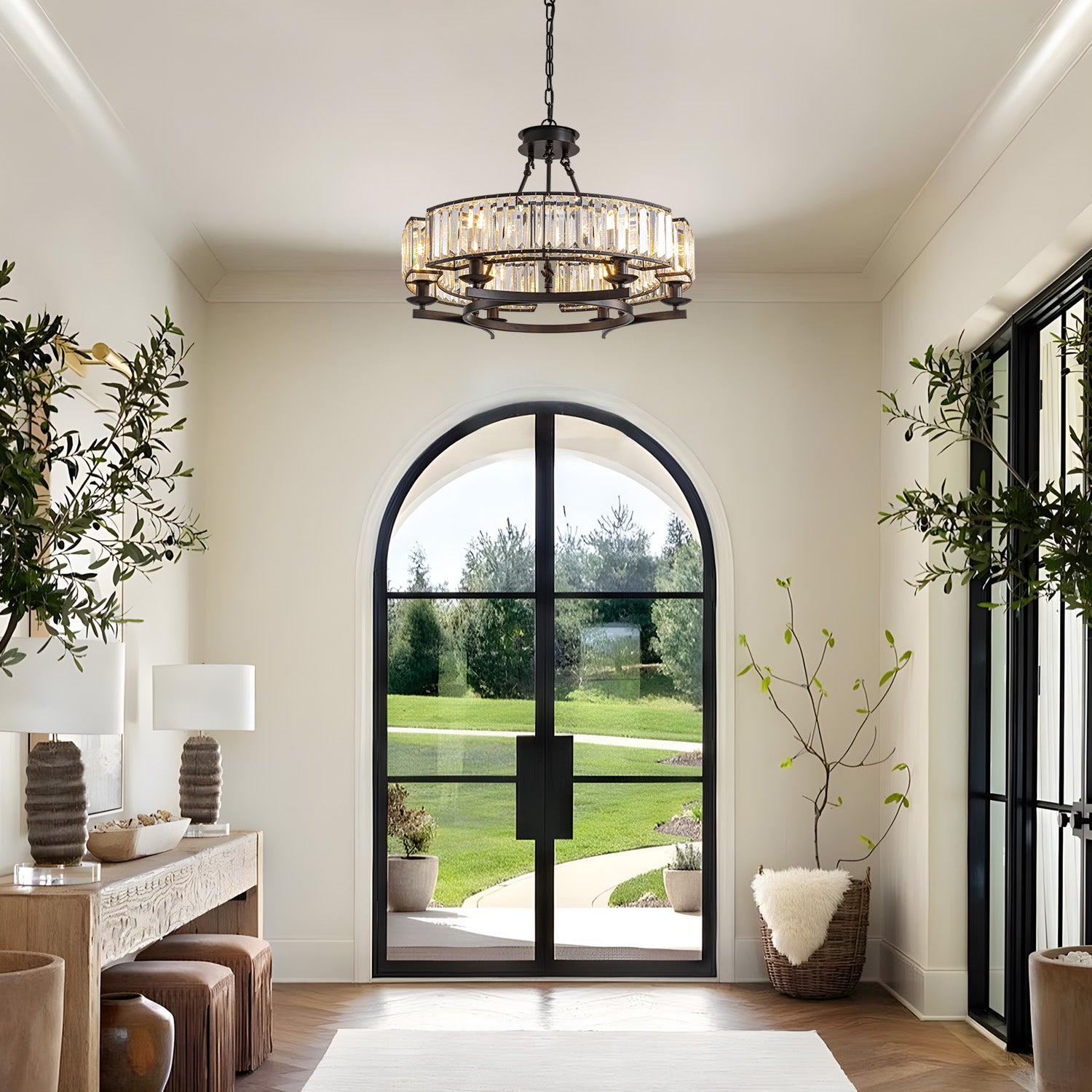 round modern rustic farmhouse crystal chandelier pendant light hanging in foyer entryway with crystal reflections | Sofary Lighting