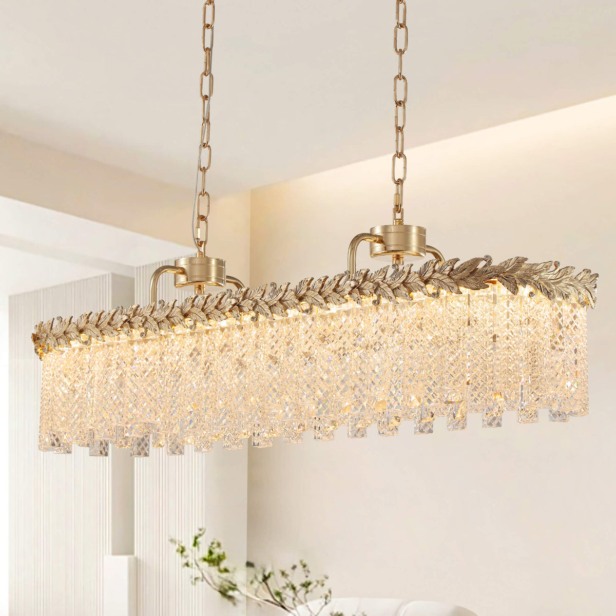 Crystal Rectangular Chandelier Dining Room | Gold Frame | Sofary