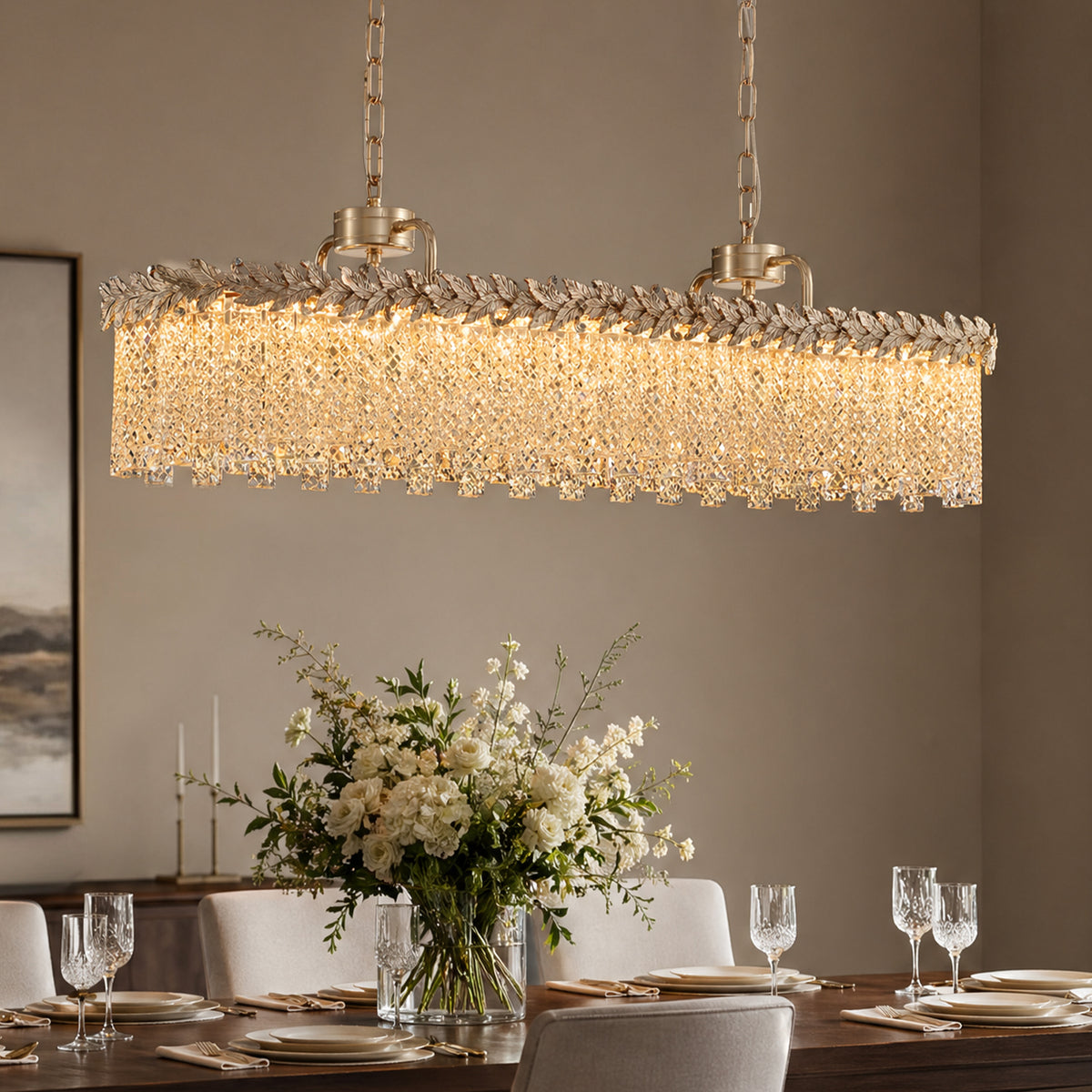 Crystal Rectangular Chandelier Dining Room | Gold Frame | Sofary