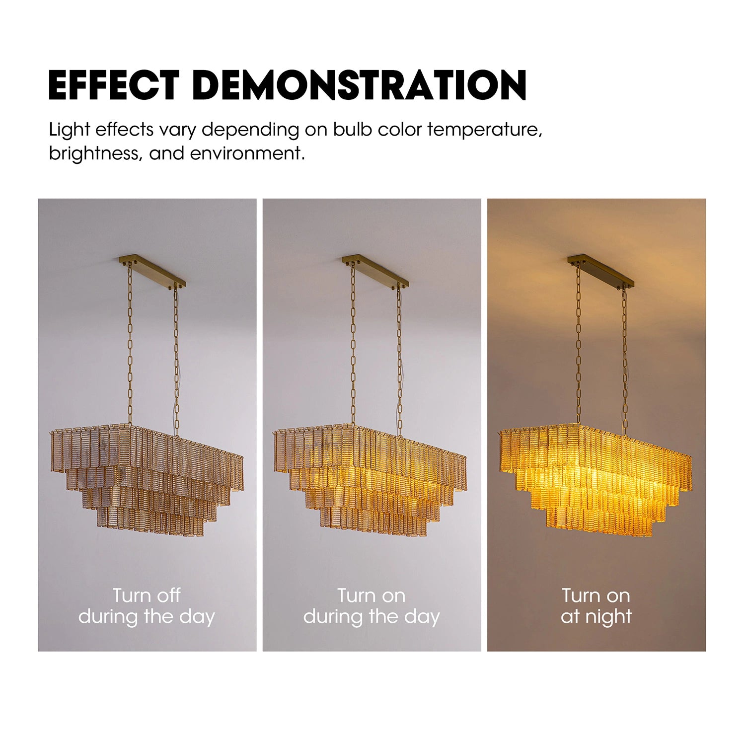 Effect demonstration of an amber glass chandelier showing the visual difference between being turned off during the day, turned on during the day, and turned on at night. Sofary Lighiting