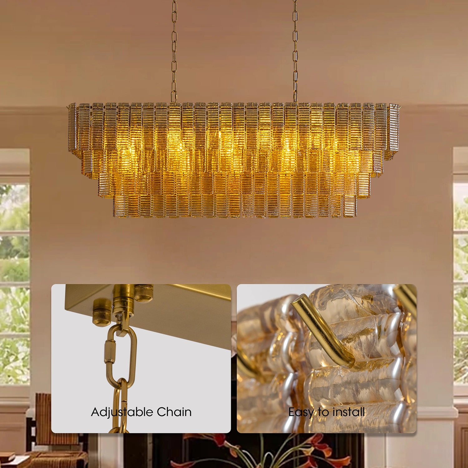 Tiered amber glass chandelier with close-up details showing the adjustable gold hanging chain and easy-to-install mounting hardware. Sofary Lighting