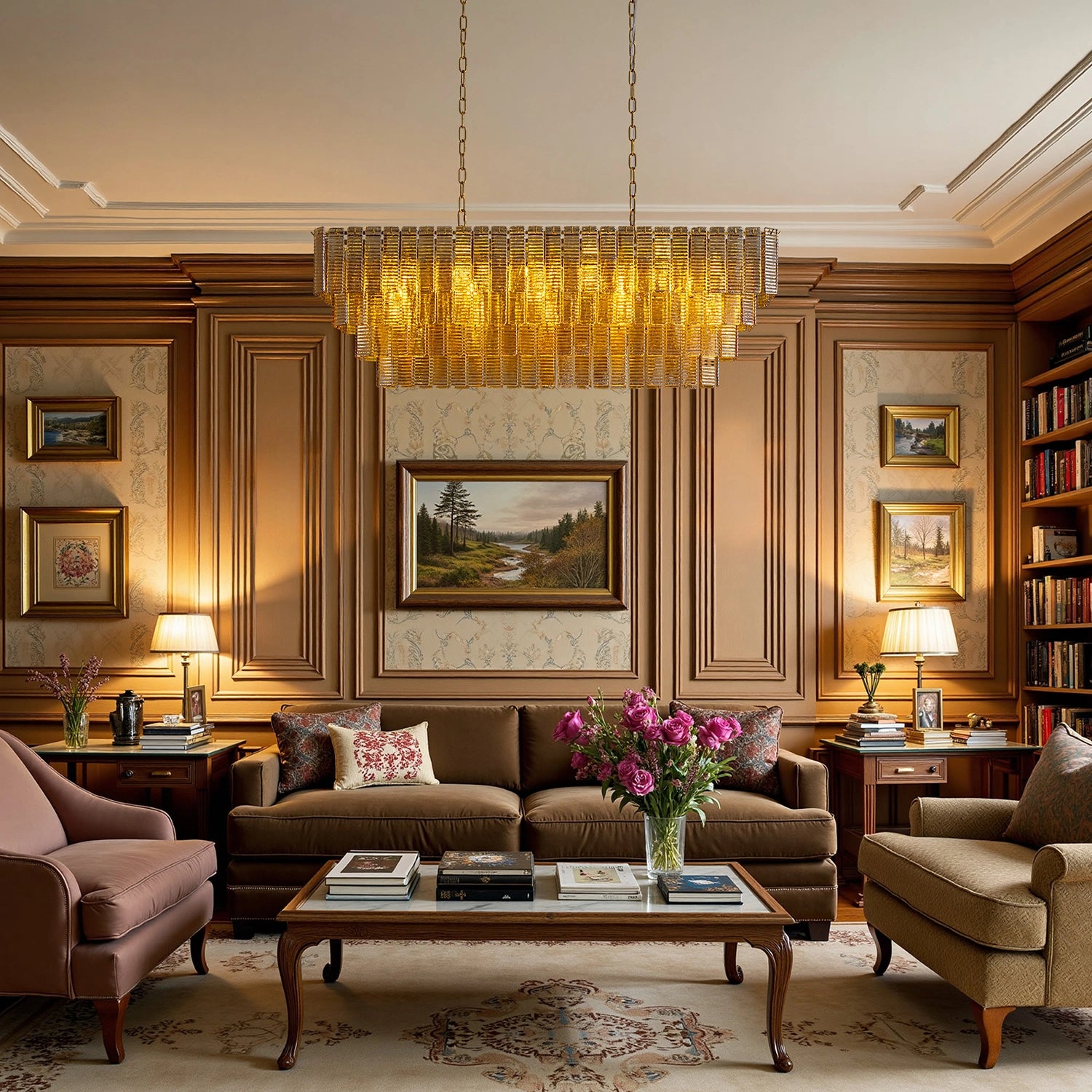 Warm luxury lighting from a tiered glass chandelier in a sophisticated vintage-inspired room with wood paneling and gallery wall. Sofary Lighting