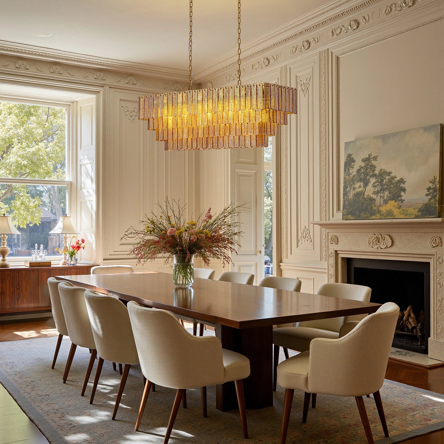 Elegant amber glass chandelier lighting in a sunlit, upscale dining room with white wainscoting and French-style interior design. Sofary Lighting