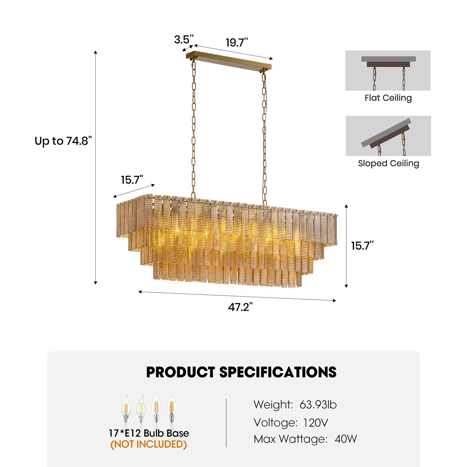 Dimensional diagram of a 47.2-inch rectangular amber glass chandelier showing height, width, and weight specifications with sloped ceiling compatibility. Sofary Lighting