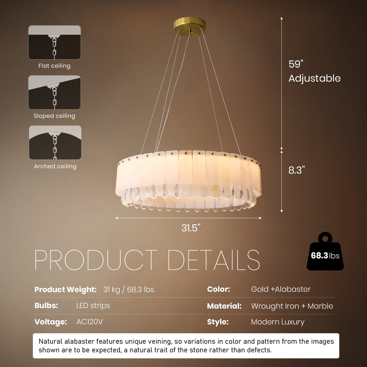 size aurevia modern luxury gold natural alabaster crystal round chandelier dimensions and ceiling compatibility sofary lighting