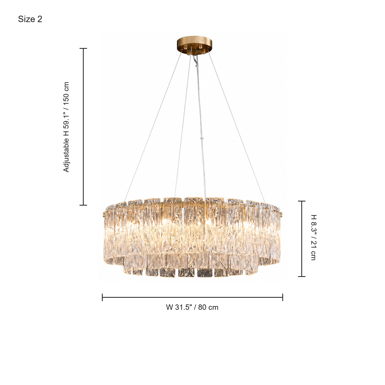 Rivellia Contemporary Gold Rippled Glass Ring Chandelier size 80cm