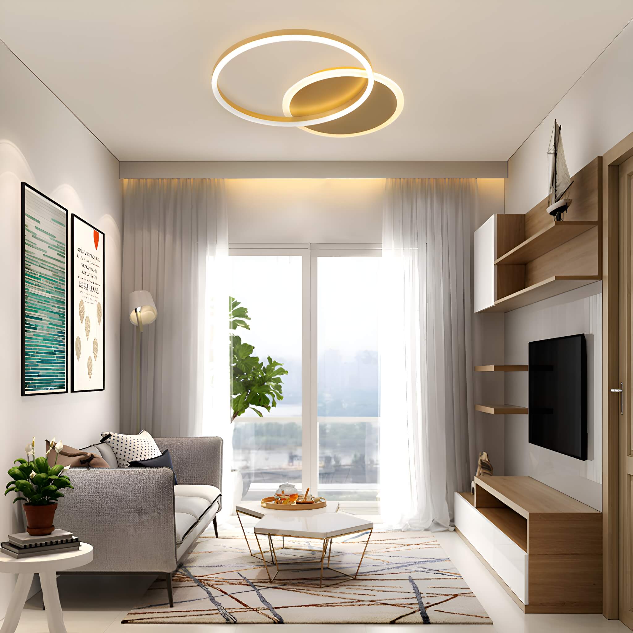 Sleek Multi-Layered Circular Living Room Ceiling Light – Stylish Aluminum Rings in Gold for Bedroom Ceiling-living-room-1| Sofary