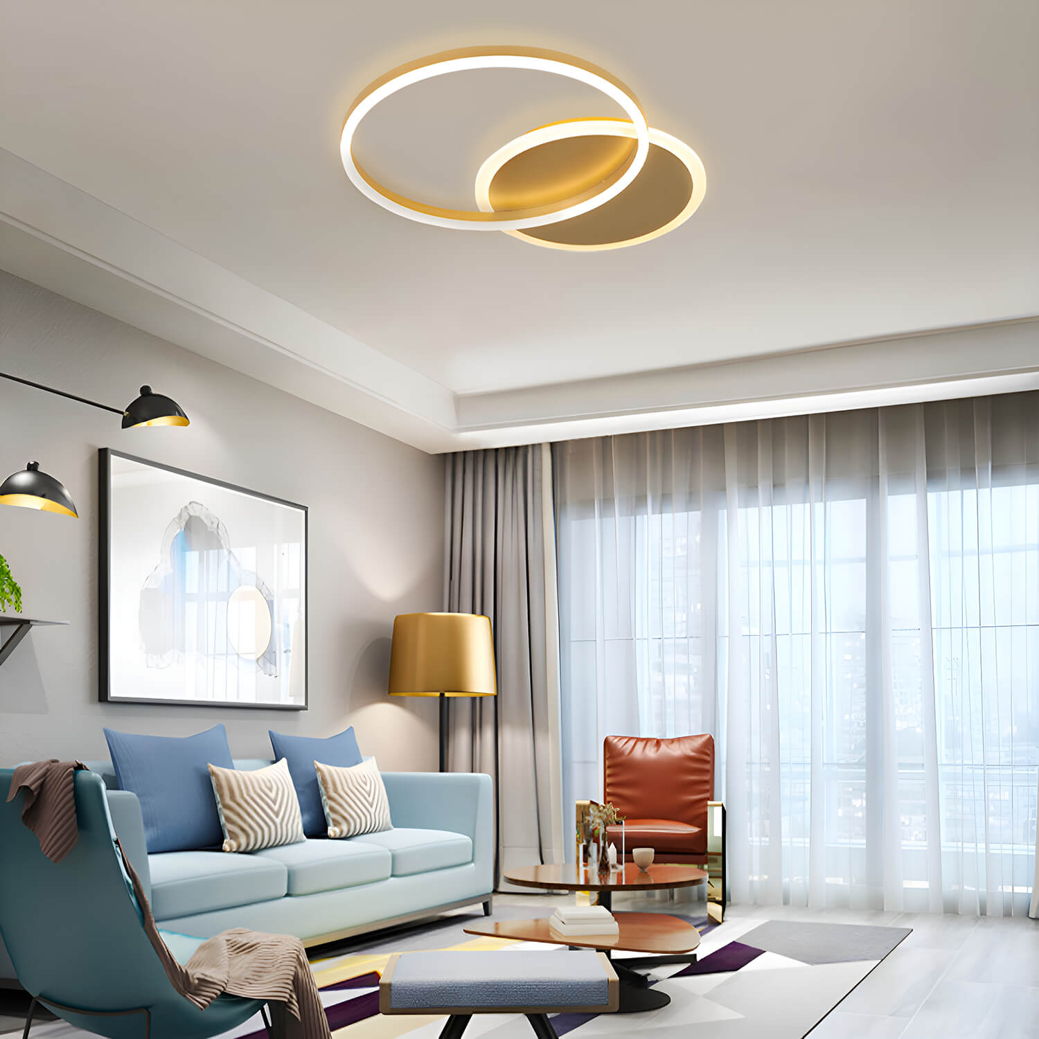 Sleek Multi-Layered Circular Living Room Ceiling Light – Stylish Aluminum Rings in Gold for Bedroom Ceiling-living-room-2| Sofary