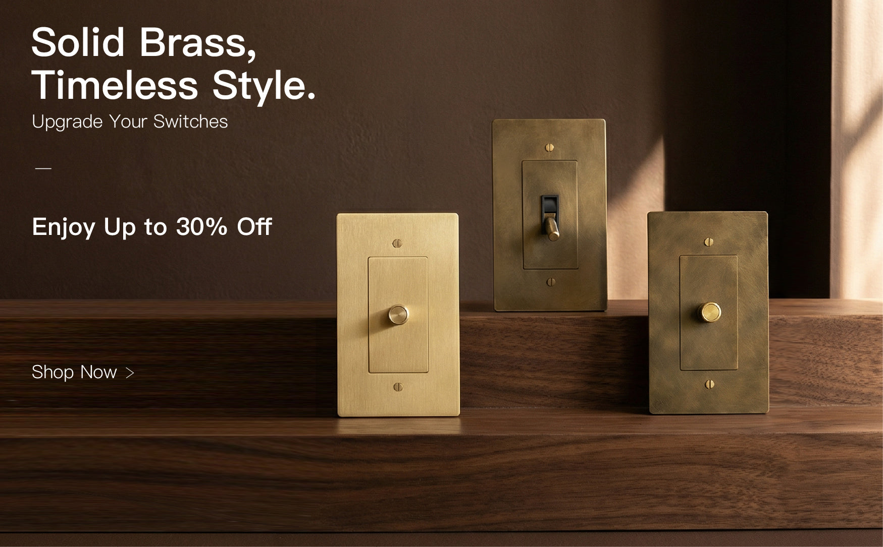 solid brass dimmer switch, toggle switch and outlet from hardware collection displayed on wooden shelf with up to 30 percent off sale | Sofary