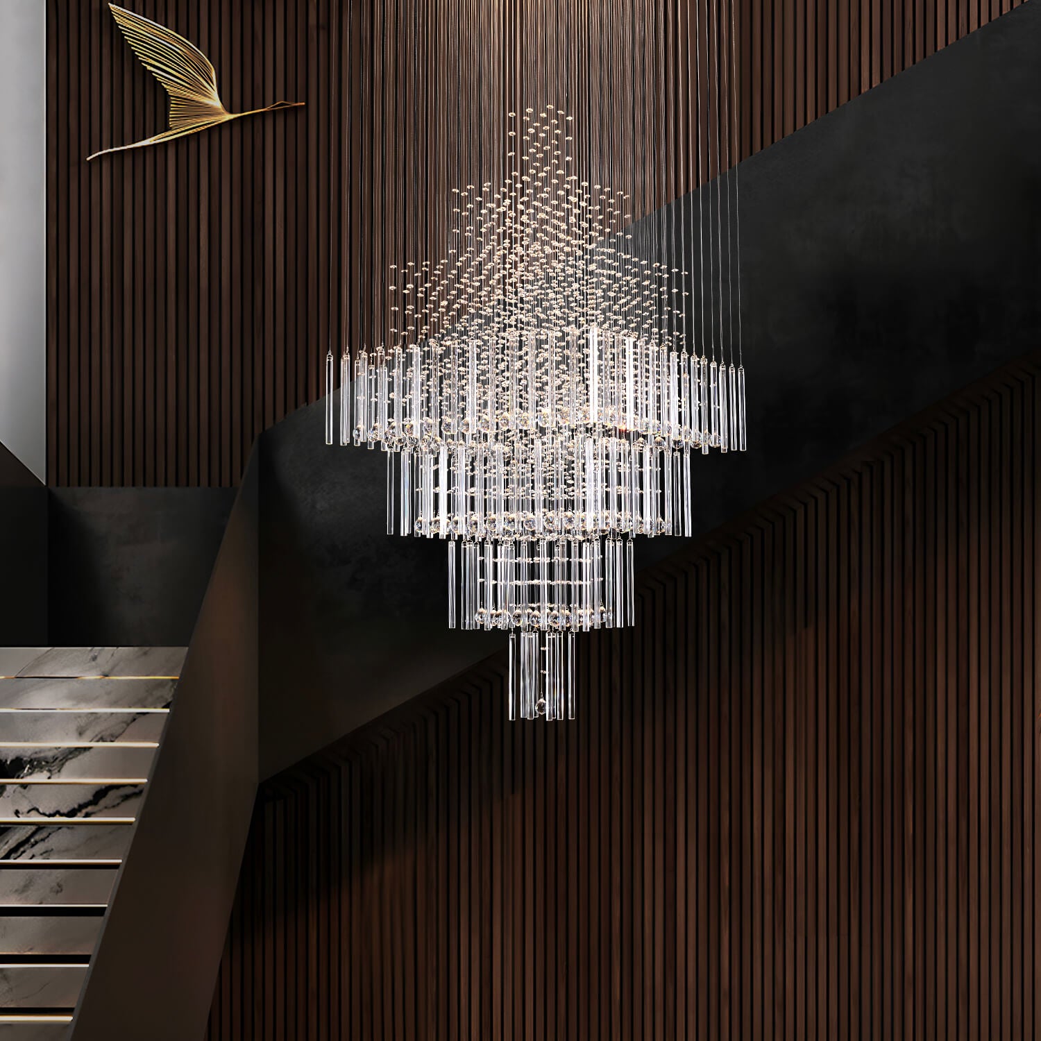Square Floating Castle Raindrop Crystal Chandelier-staircase-1|Sofary