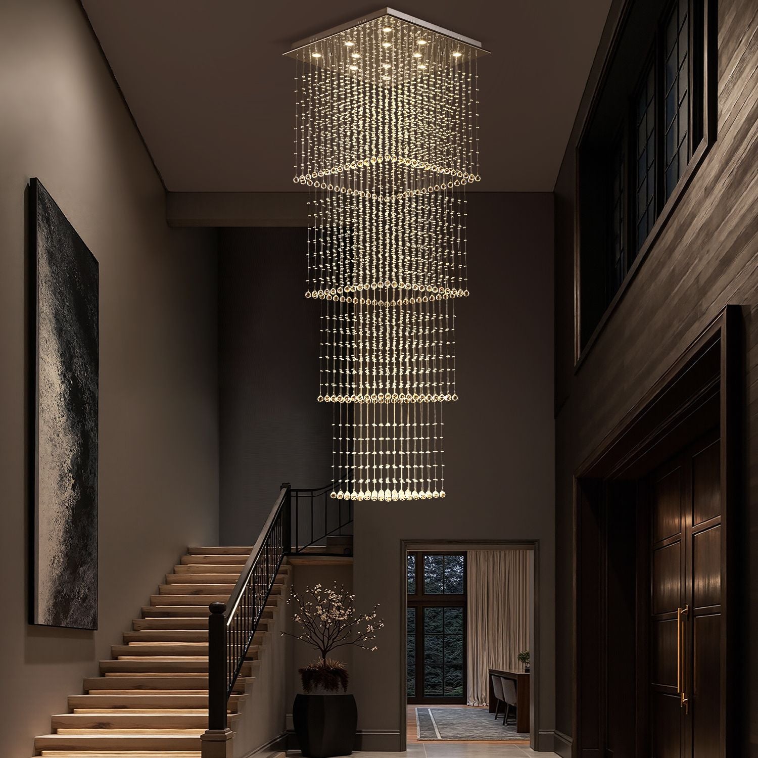 square-long-crystal-raindrop-chandelier-foyer-2 | Sofary Lighting