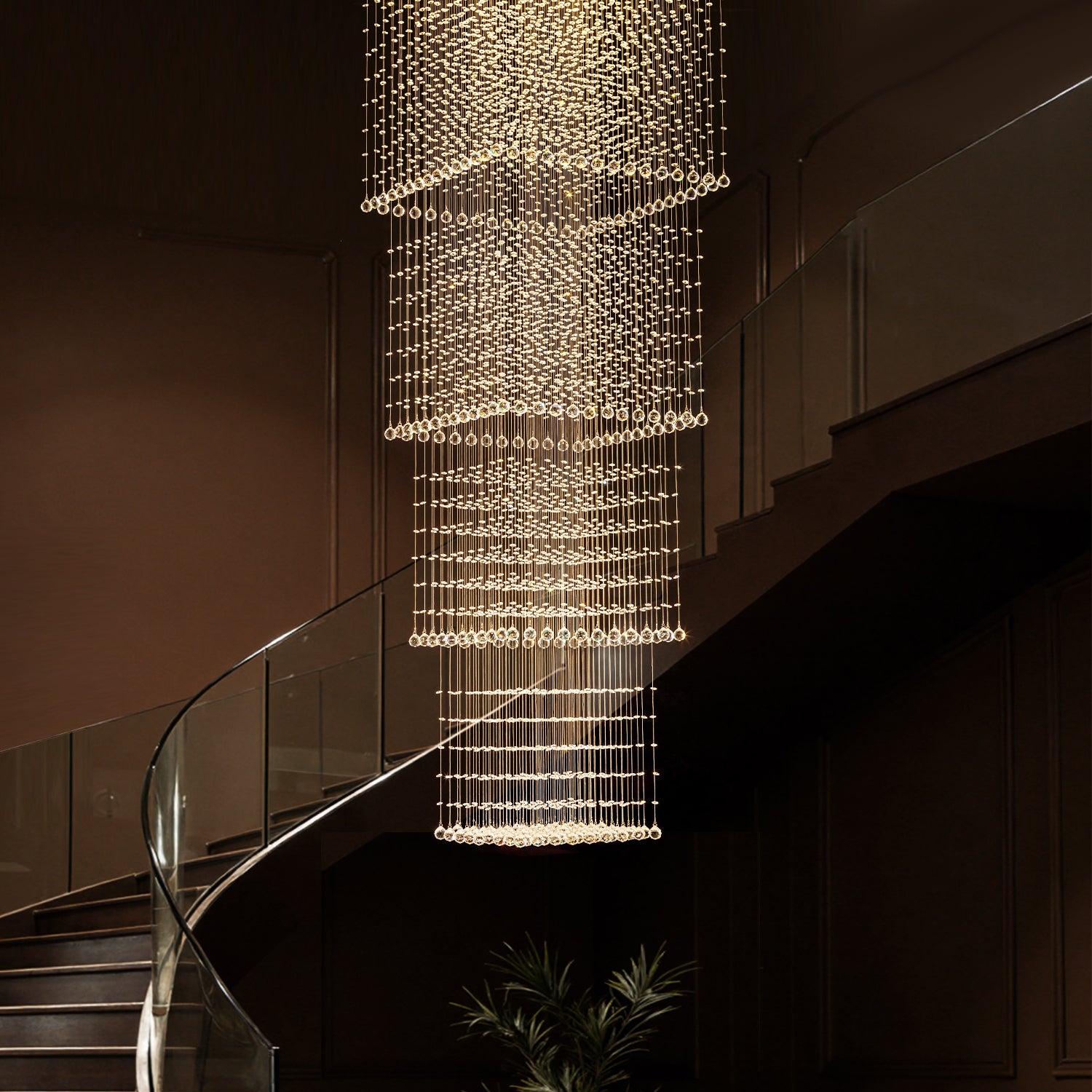 square-long-crystal-raindrop-chandelier-staircase-1 | Sofary Lighting