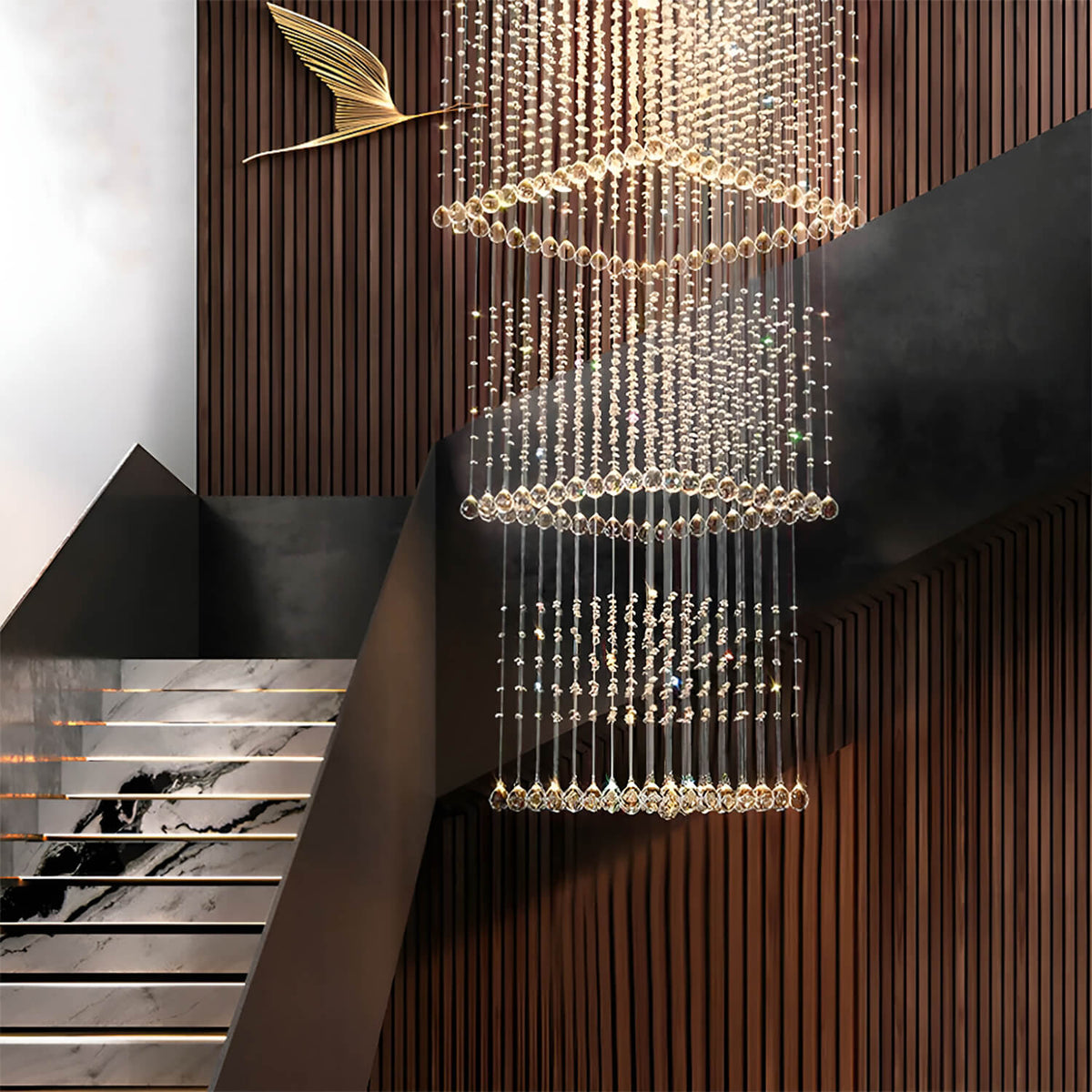 Modern Square Long Crystal Raindrop Chandelier for Foyer Sofary Lighting