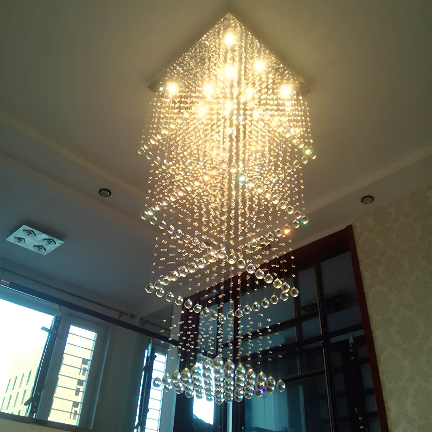 Square Long Crystal Raindrop Chandelier-staircase-7 |Sofary