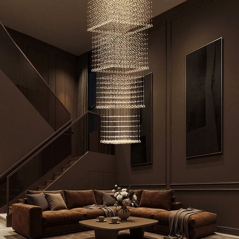 square-long-crystal-raindrop-chandelier-staircase-high-ceiling | Sofary Lighting